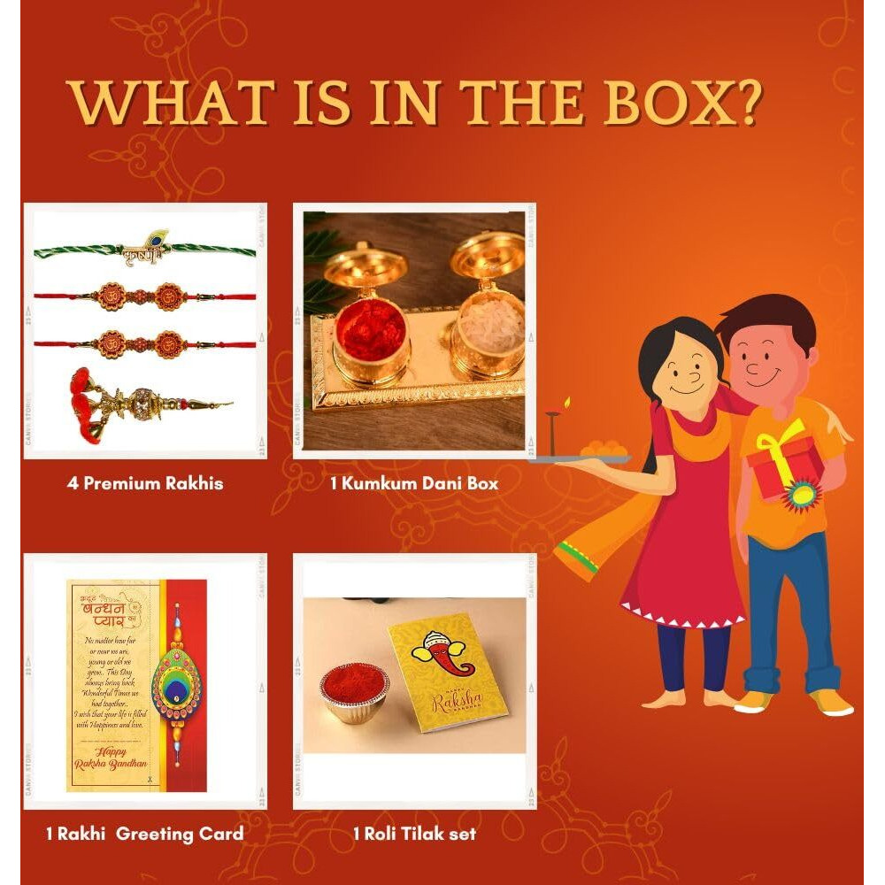 Collectible India Rakhi For Brother Bhaiya Bhabhi - 4 Rakhi Set With Golden Finish Kumkum Dani Box - Rakshabandhan Gift Best Special Card / Shri Nath Ji Rakhi/Lumba Rakhi For Bhabhi/ Rakhi For Bhaiya Bhabhi Kids
