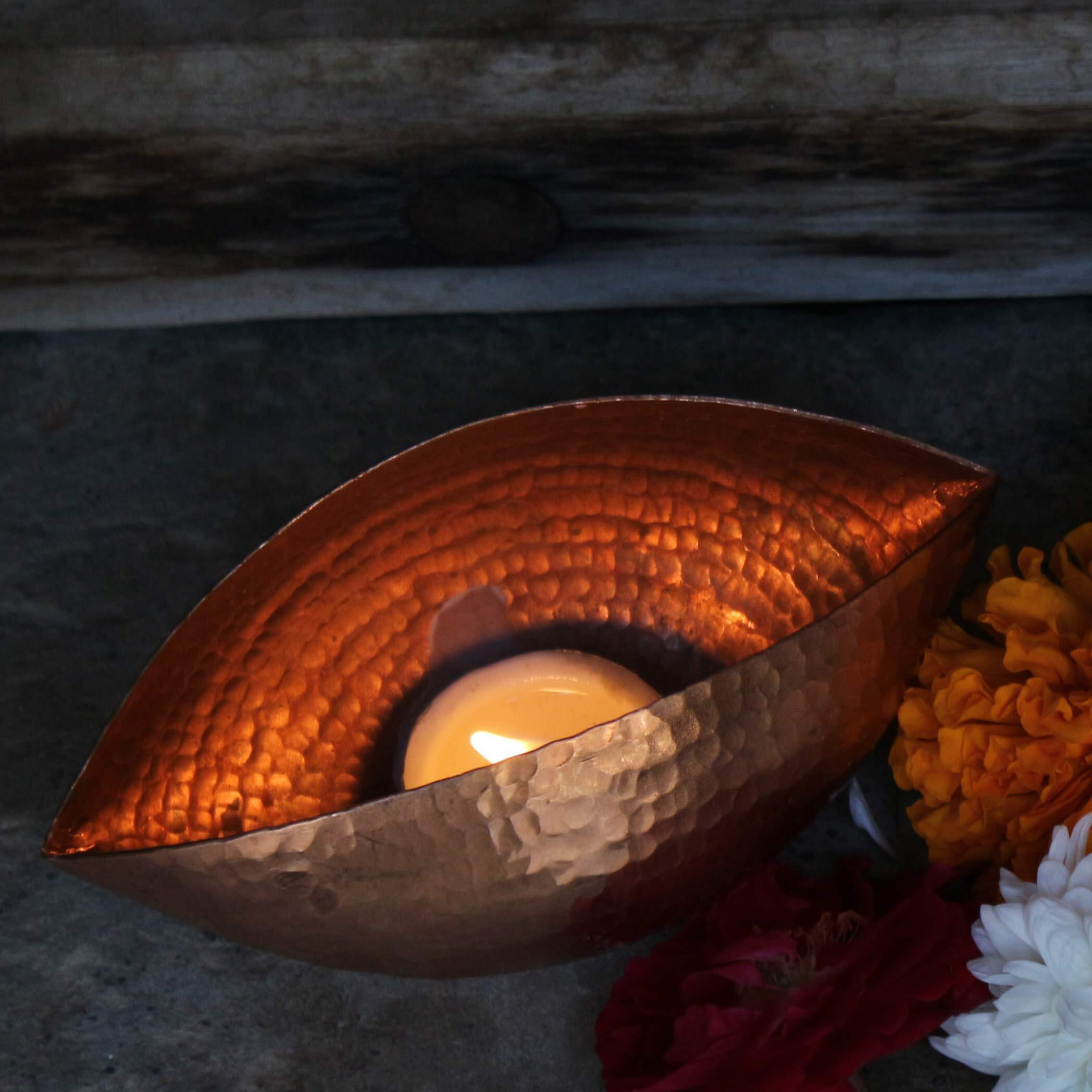 DeKulture Handmade Pure Copper Trinetra Pod Votive T Light Holder Candle Bowl Diya | Ideal for Home Table Decoration, 5x2.5x2.75 (LWH) Inches