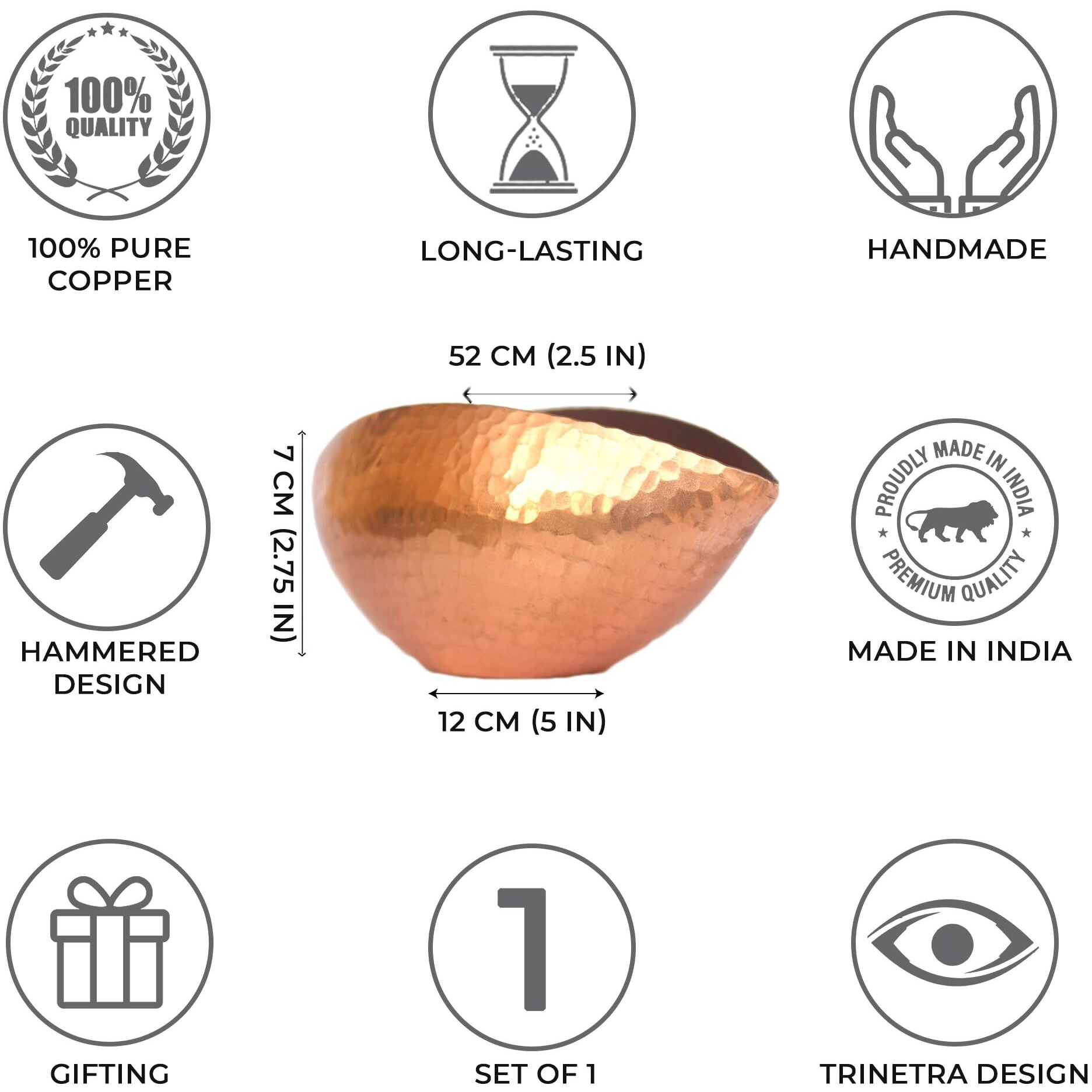 DeKulture Handmade Pure Copper Trinetra Pod Votive T Light Holder Candle Bowl Diya | Ideal for Home Table Decoration, 5x2.5x2.75 (LWH) Inches