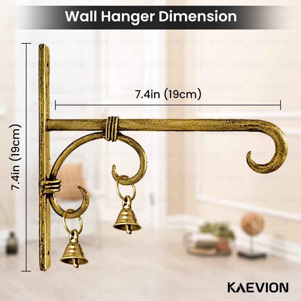 KAEVION Unique Stylish Antique Handmade Ethnic Wall Mounted Bracket Lantern Diya Hanger with Brass Bells - Pack of 1 (Golden Finished)