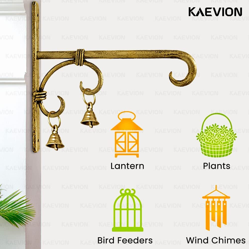 KAEVION Unique Stylish Antique Handmade Ethnic Wall Mounted Bracket Lantern Diya Hanger with Brass Bells - Pack of 1 (Golden Finished)
