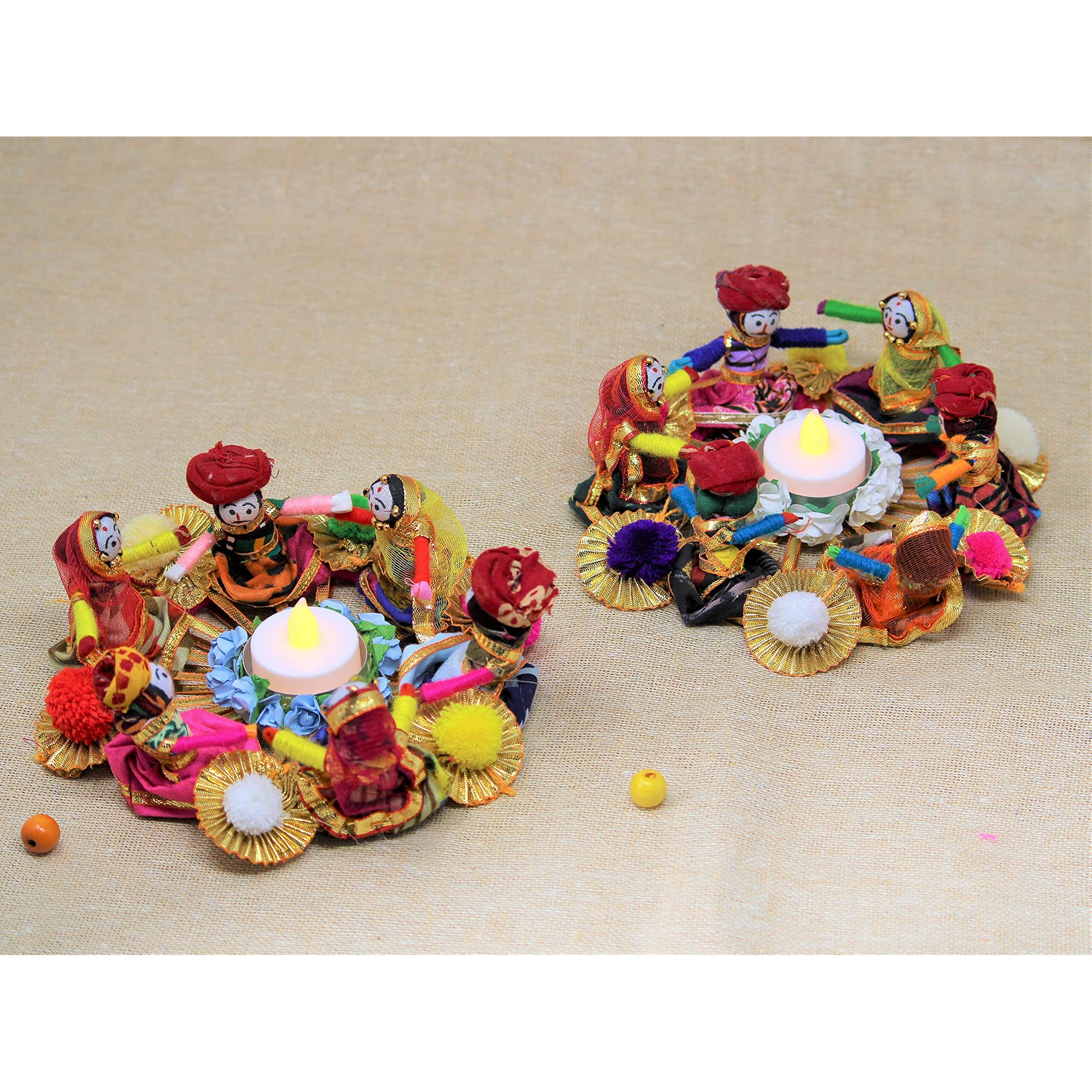 JH Gallery Handmade Recycled Material Rajasthani Raja Rani Puppet/Dolls Diyas Tealight/Diya/Diwali Diya/Idol Diyas Holders Gift for Diwali, Home Decor/Temple Decor, Multicolor (Pack of 2)