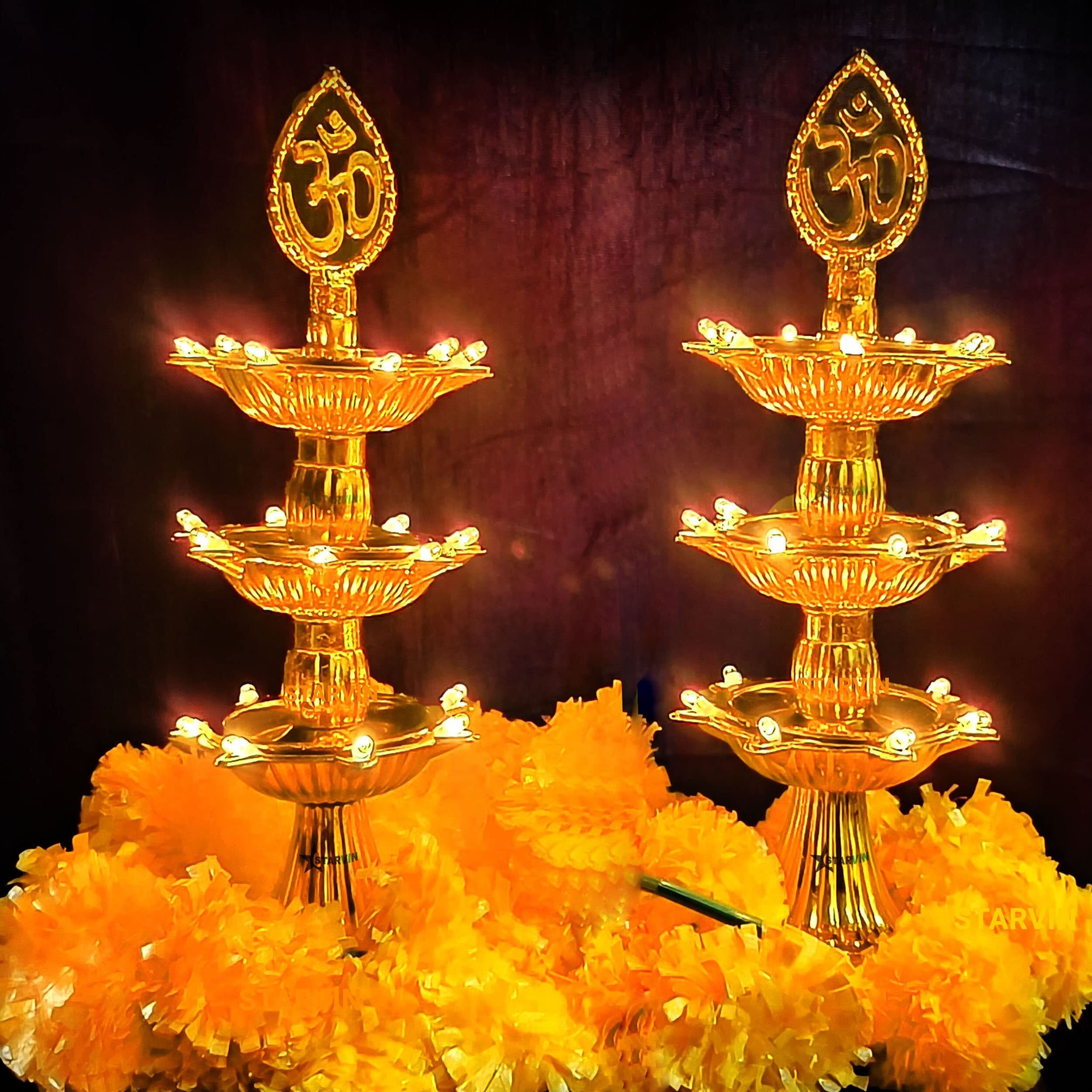 STARVIN Premium 3 Layer Electric Gold Led Bulb Lights Diya|Deep|Deepak For Pooja|Puja|Mandir Diwali Festival Decoration||Pack of 2|| Make In India, L-26, b22