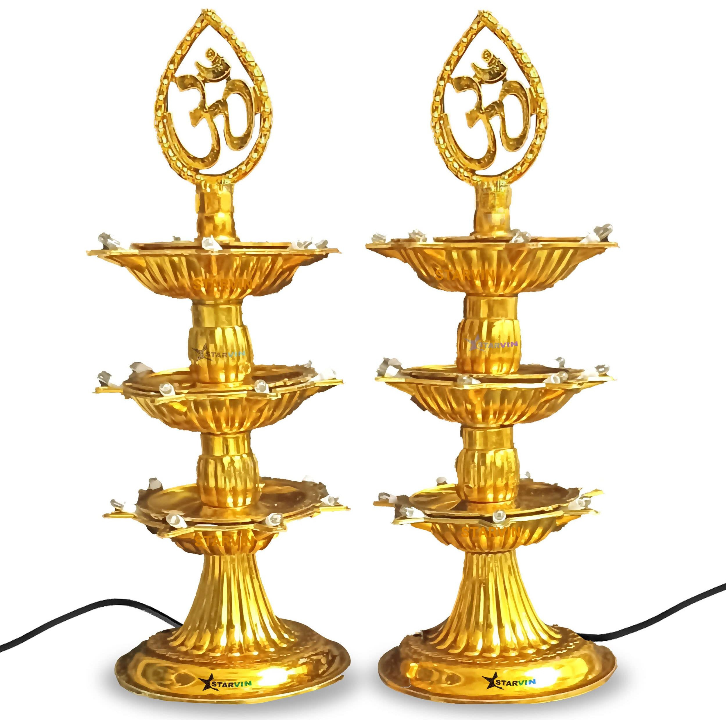 STARVIN Premium 3 Layer Electric Gold Led Bulb Lights Diya|Deep|Deepak For Pooja|Puja|Mandir Diwali Festival Decoration||Pack of 2|| Make In India, L-26, b22