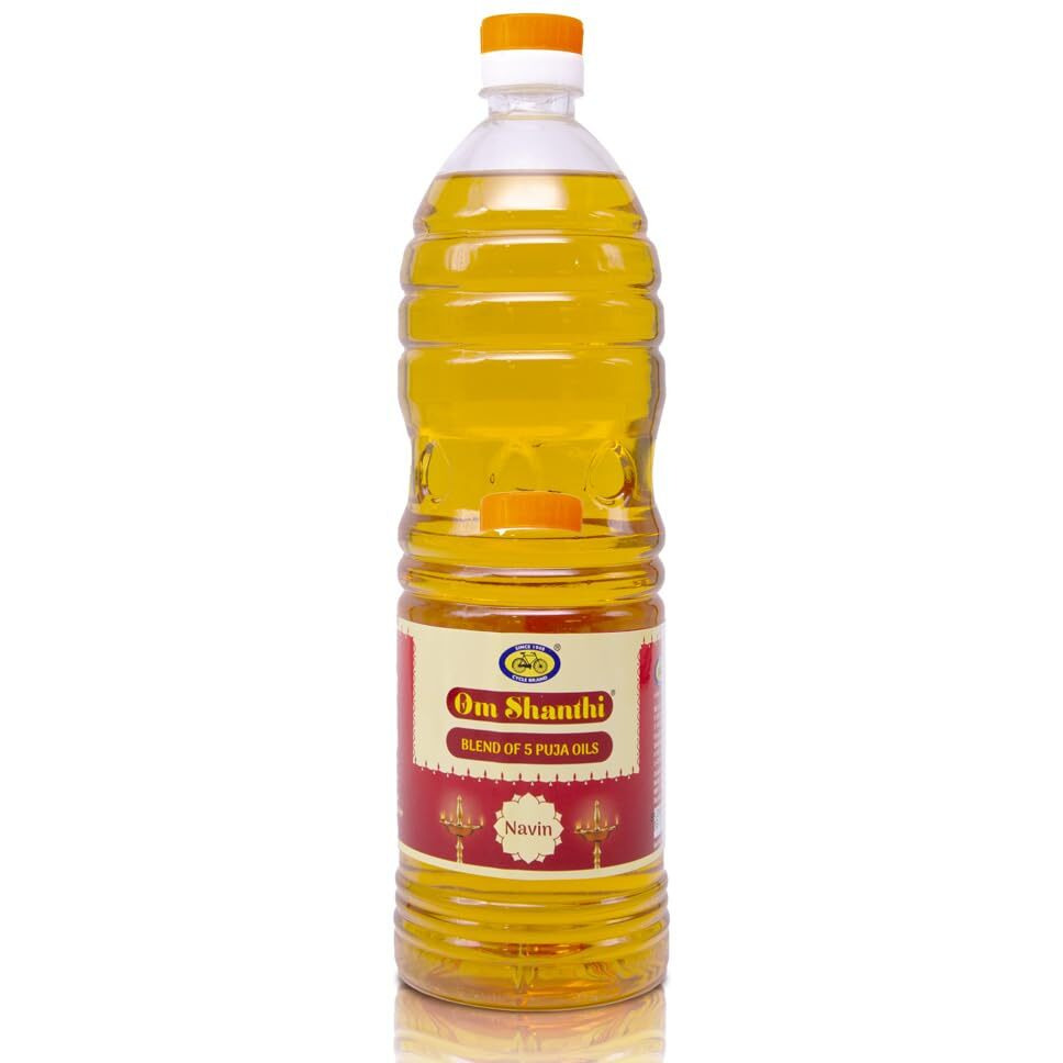 Om Shanthi POOJA MADE PURE Cycle NAVIN Puja Oil (Diya/Lamp Oil), Blend of 5 Puja Oils with the Fragrance of Tulsi for Daily Puja, Festivals - Pack of 1 (1 Liter Pack)