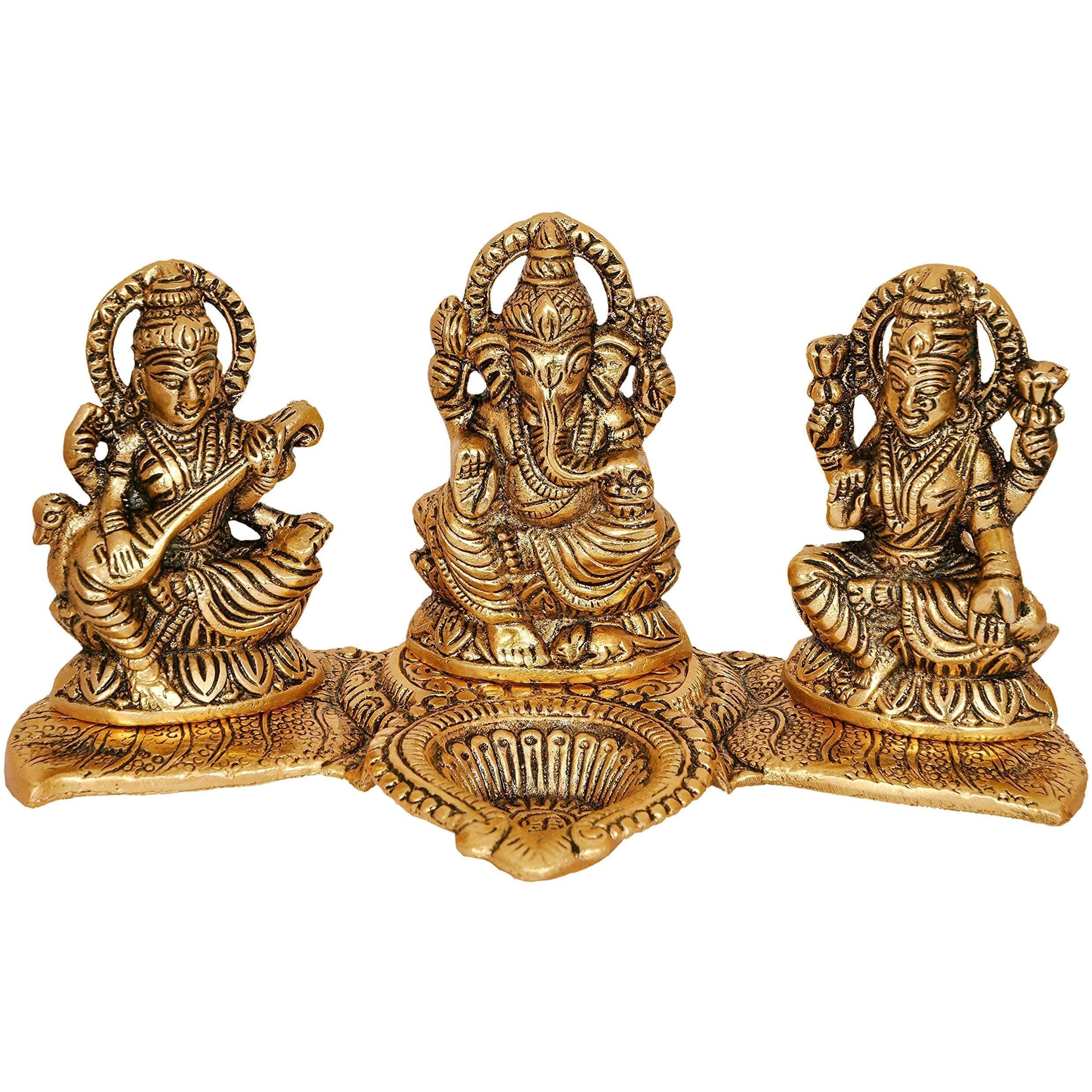 Nexplora Industries Pvt. Ltd. Metal Laxmi Ganesh Saraswati Idol Diya Deepak Showpiece Figurine, 20 cm Tall, Gold Antique