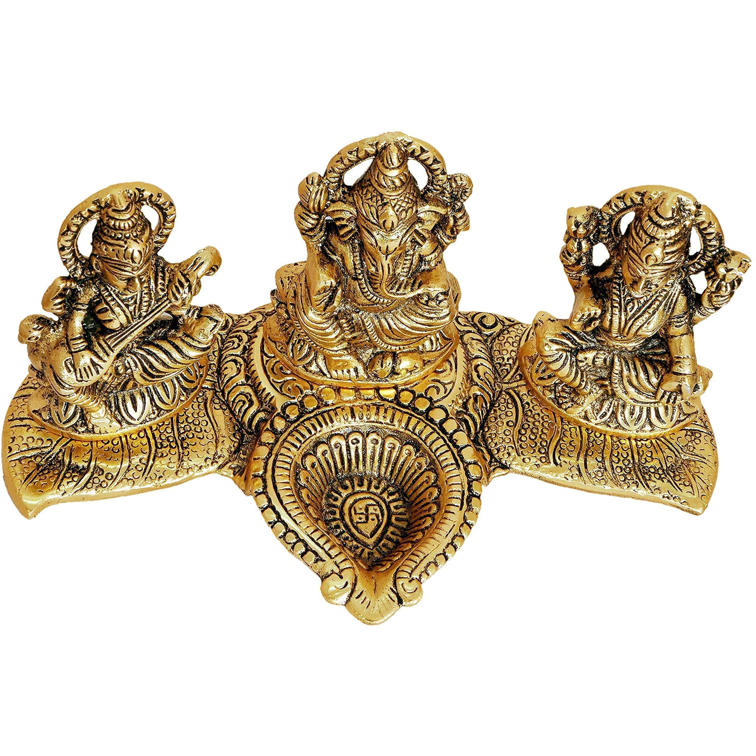 Nexplora Industries Pvt. Ltd. Metal Laxmi Ganesh Saraswati Idol Diya Deepak Showpiece Figurine, 20 cm Tall, Gold Antique