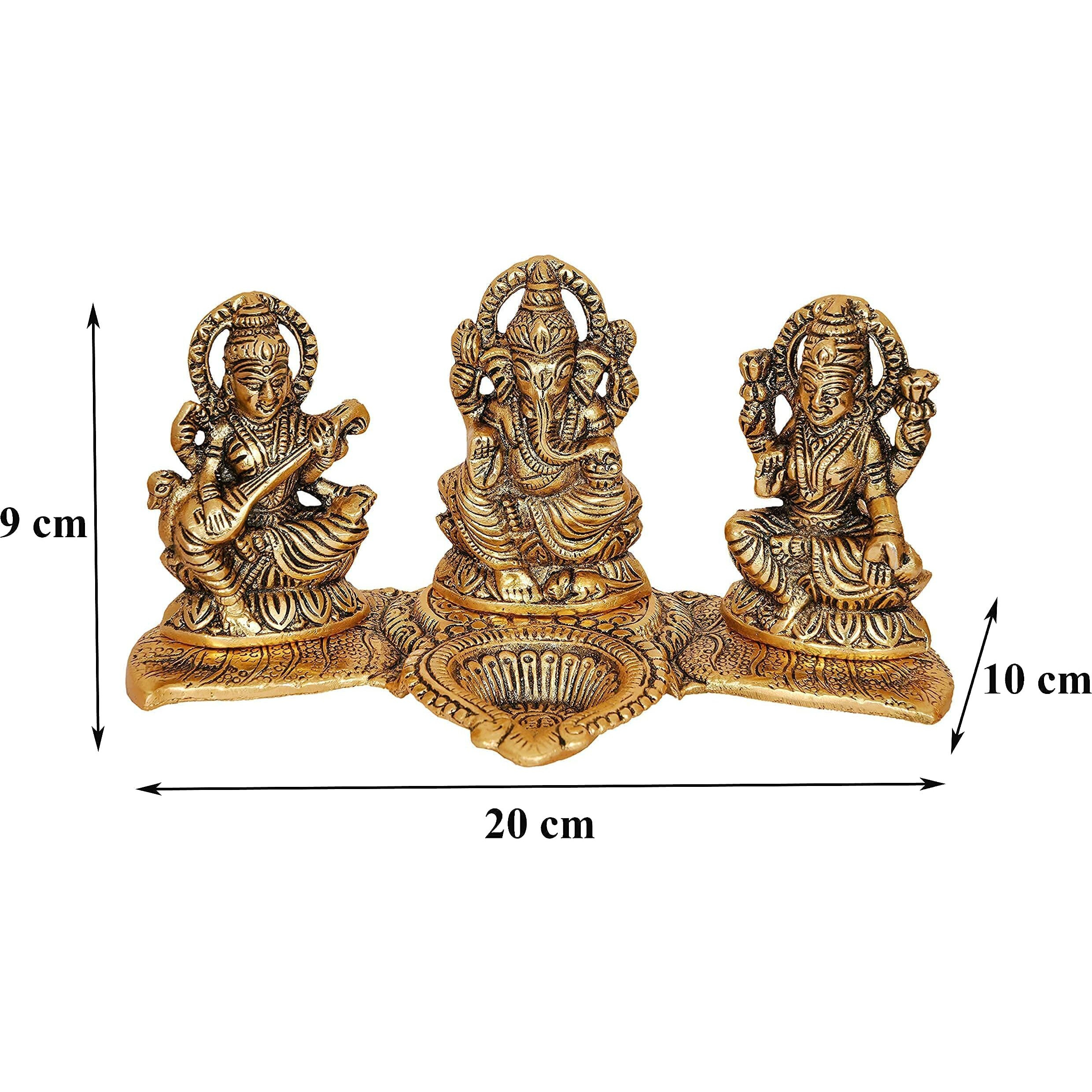 Nexplora Industries Pvt. Ltd. Metal Laxmi Ganesh Saraswati Idol Diya Deepak Showpiece Figurine, 20 cm Tall, Gold Antique