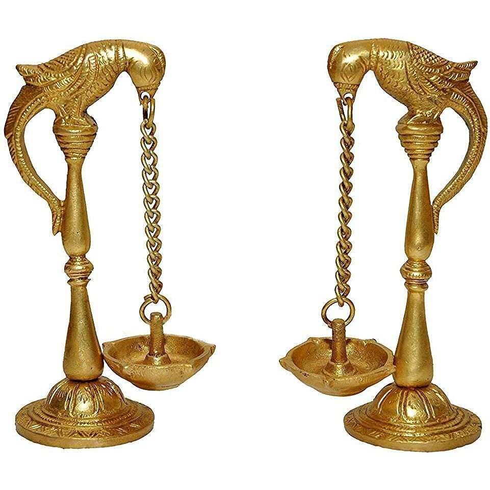 Nexplora Industries Pvt. Ltd. Brass Pair of Parrot Design Bird Diya Deepak Oil Lamp Puja Gift Item, Height 15 cm, Gold Antique, Pack of 2