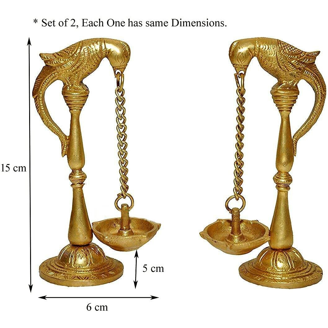 Nexplora Industries Pvt. Ltd. Brass Pair of Parrot Design Bird Diya Deepak Oil Lamp Puja Gift Item, Height 15 cm, Gold Antique, Pack of 2
