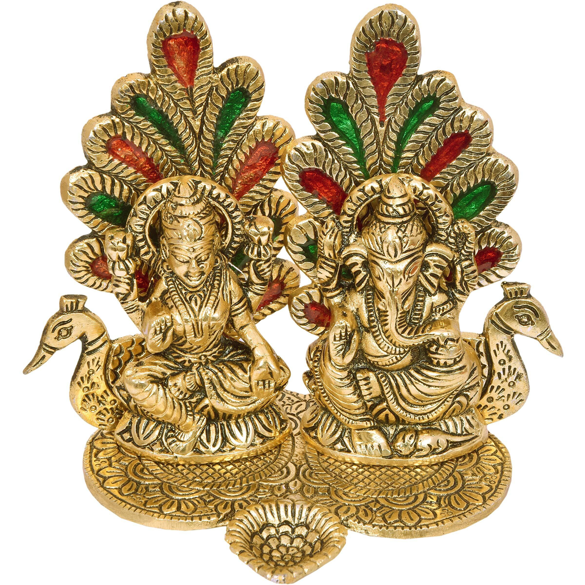 Nexplora Industries Pvt. Ltd. Metal Laxmi Ganesh Figurine Idol with Peacock Diya Deepak, Height 15 cm, Gold Antique Finish