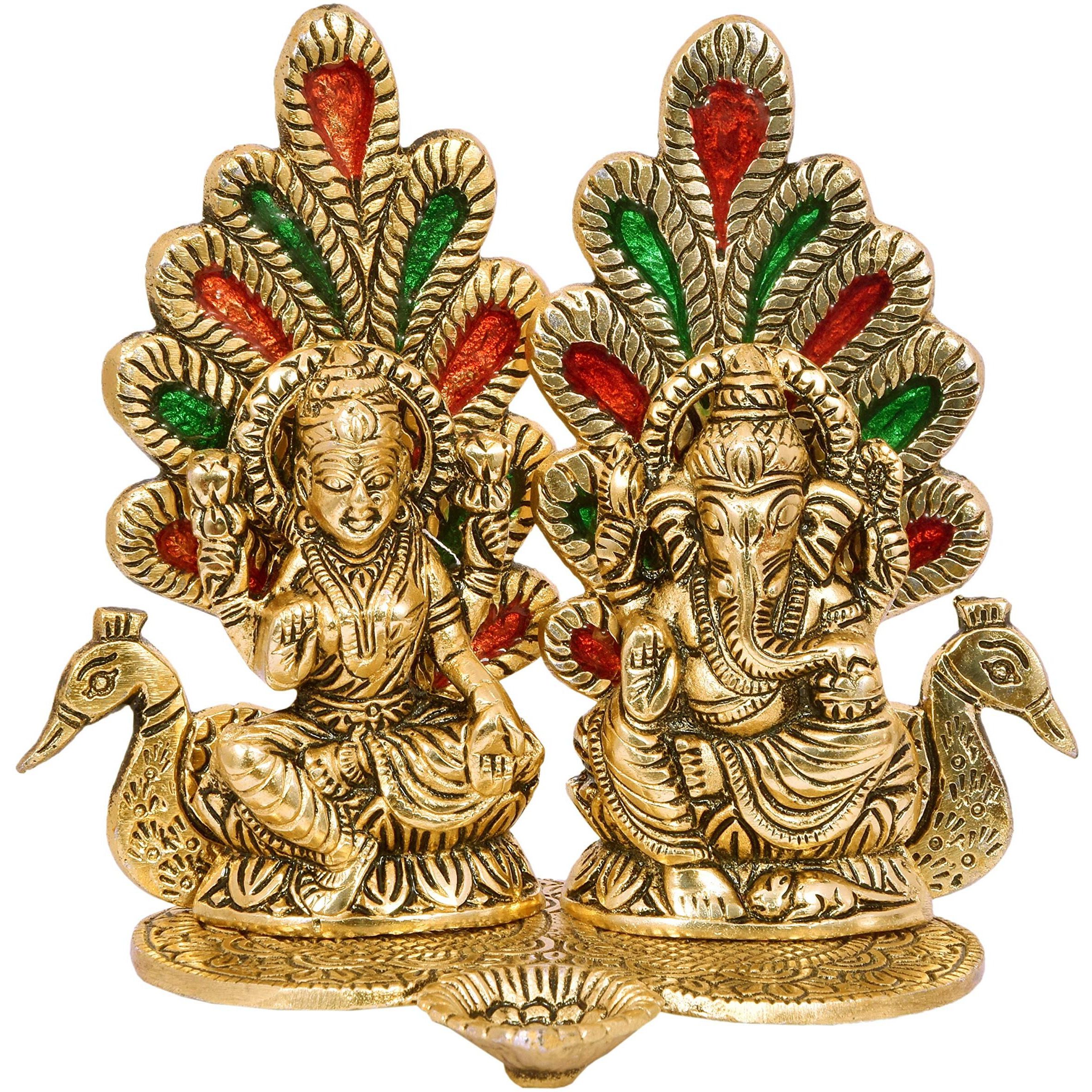 Nexplora Industries Pvt. Ltd. Metal Laxmi Ganesh Figurine Idol with Peacock Diya Deepak, Height 15 cm, Gold Antique Finish