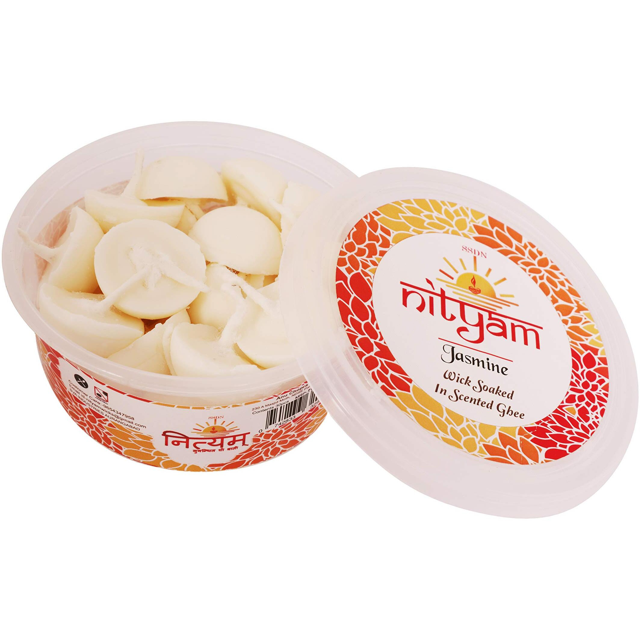 Nityam Jasmine Fragrance Wick Soaked in Scented ghee Ghee Wicks/Readymade Ghee Cotton Wicks/Diya Batti/Puja Batti/Jyot Batti (1 X 30 Pieces) (Pack of 5)