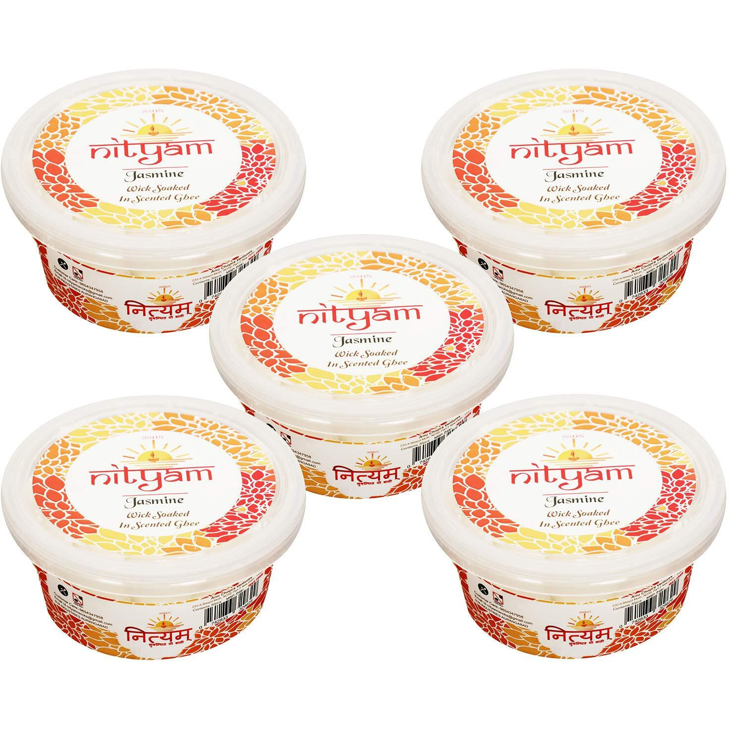 Nityam Jasmine Fragrance Wick Soaked in Scented ghee Ghee Wicks/Readymade Ghee Cotton Wicks/Diya Batti/Puja Batti/Jyot Batti (1 X 30 Pieces) (Pack of 5)