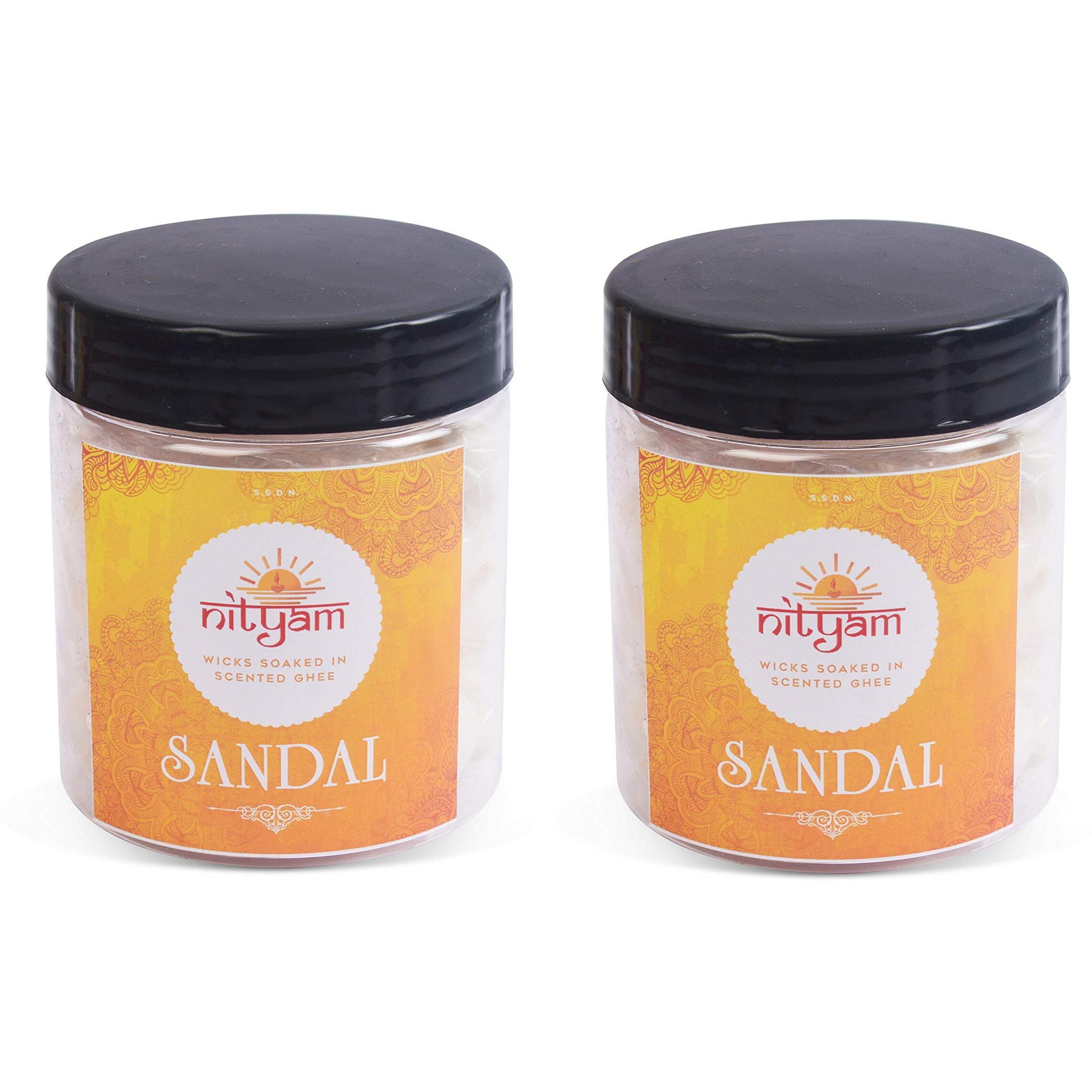 Nityam Sandal Fragrance Wax Free Scented Wick Soaked in Scented Ghee Ghee Wicks/Readymade Ghee Cotton Wicks/Diya for Pooja/Puja Batti (1 X 50 Pieces) (Pack of 2)
