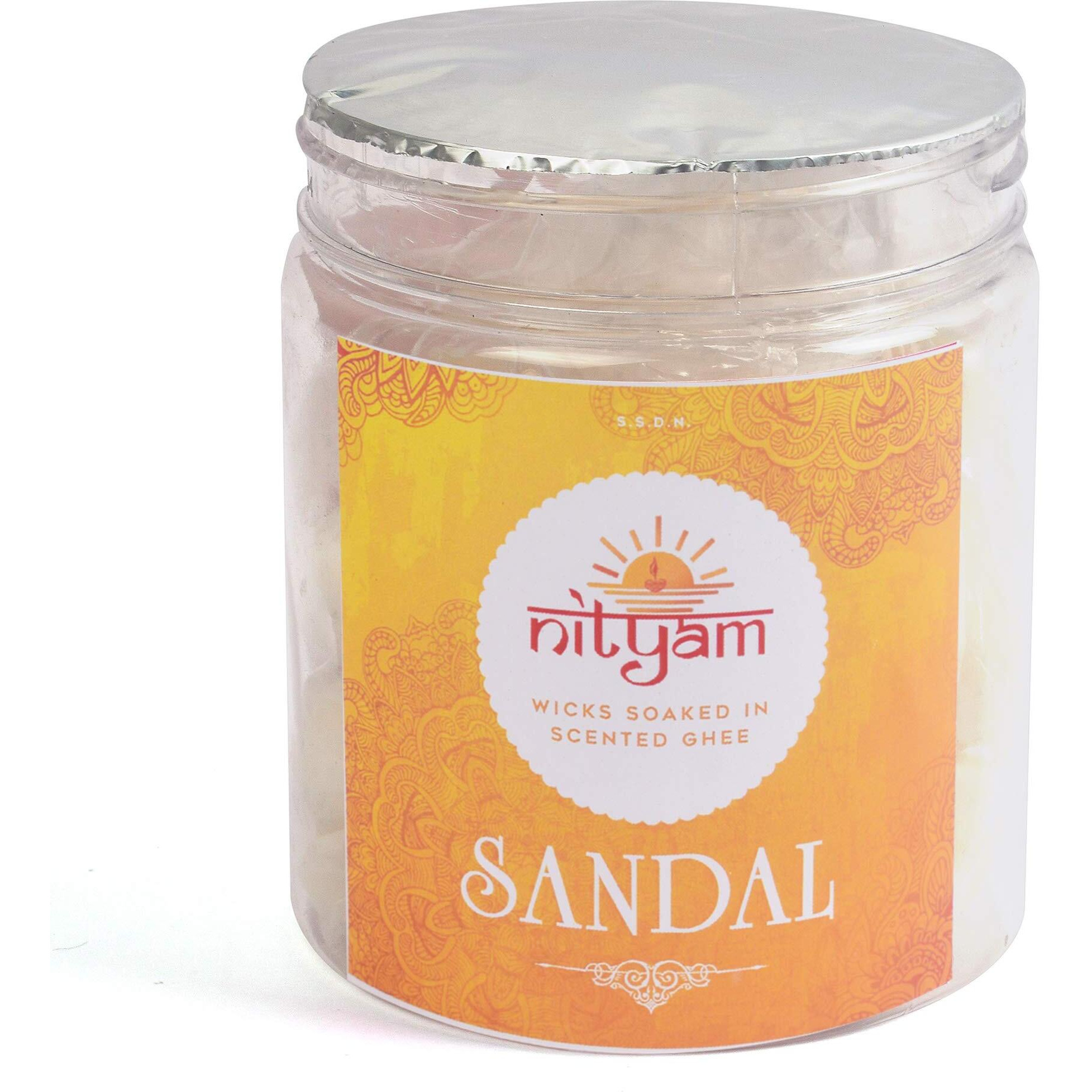 Nityam Sandal Fragrance Wax Free Scented Wick Soaked in Scented Ghee Ghee Wicks/Readymade Ghee Cotton Wicks/Diya for Pooja/Puja Batti (1 X 50 Pieces) (Pack of 2)
