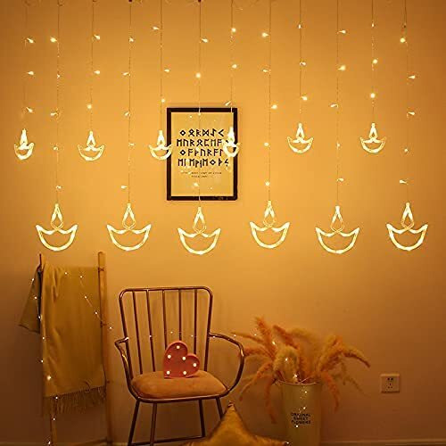 PESCA 12 Diya Curtain String Lights, Window Curtain Lights with 8 Flashing Modes Decoration for Diwali, Christmas, Wedding, Party, Home, Patio Lawn, Warm White (6+6 Diyas)
