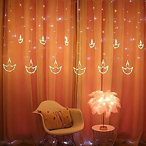 PESCA 12 Diya Curtain String Lights, Window Curtain Lights with 8 Flashing Modes Decoration for Diwali, Christmas, Wedding, Party, Home, Patio Lawn, Warm White (6+6 Diyas)