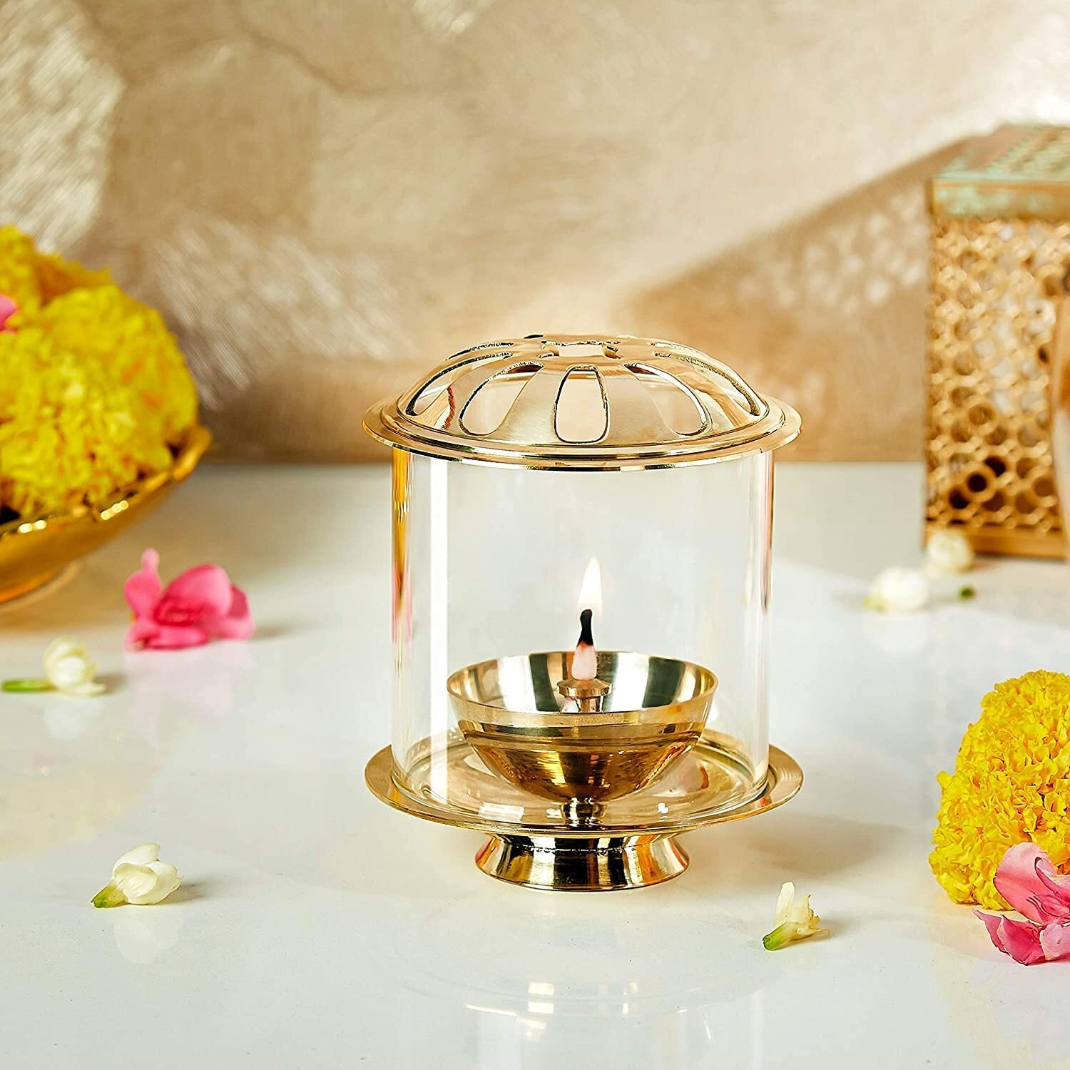Klassic Swastik Akhand Diya with Borosilicate Glass Shade for Mandir, Decorative Brass & Glass Oil Lamp Lantern Diya with Glass Cover for Prayers, Cylindrical Borosilicate Glass Brass Diya