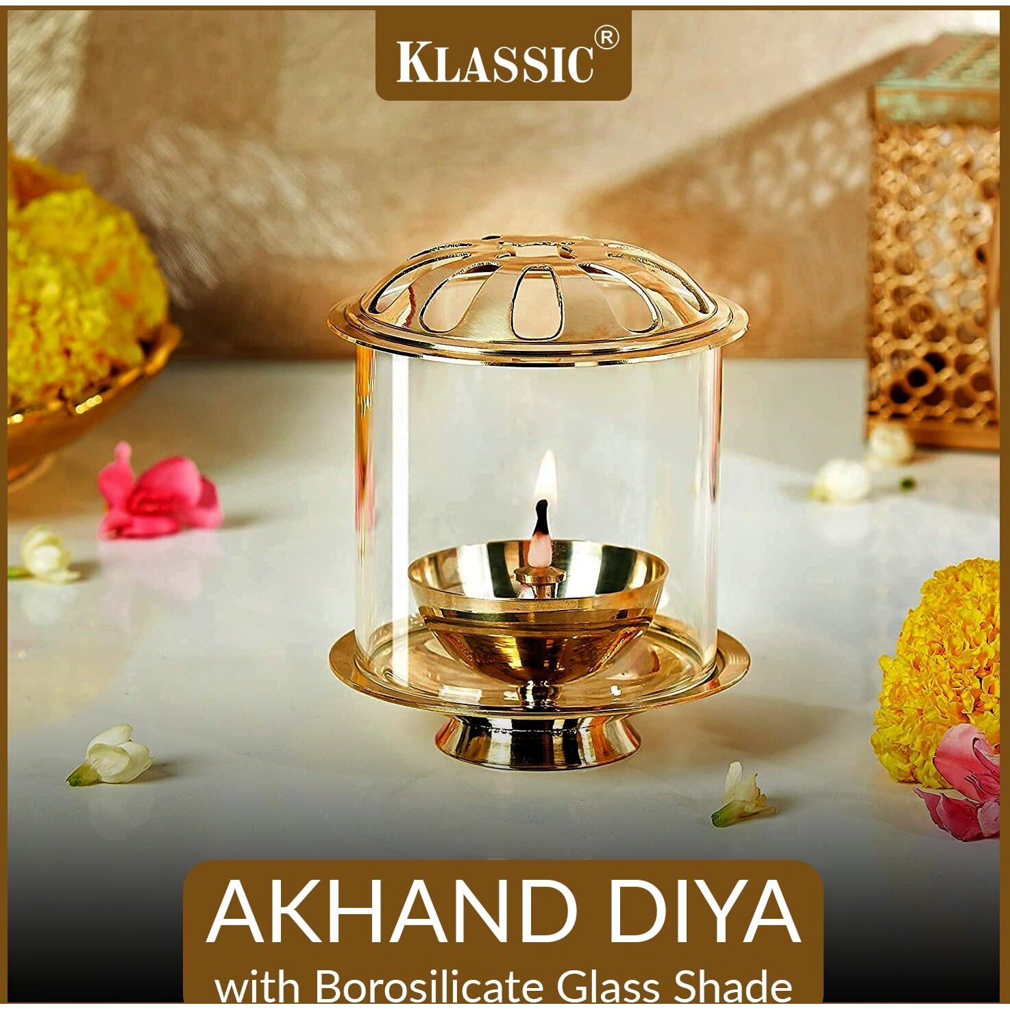 Klassic Swastik Akhand Diya with Borosilicate Glass Shade for Mandir, Decorative Brass & Glass Oil Lamp Lantern Diya with Glass Cover for Prayers, Cylindrical Borosilicate Glass Brass Diya