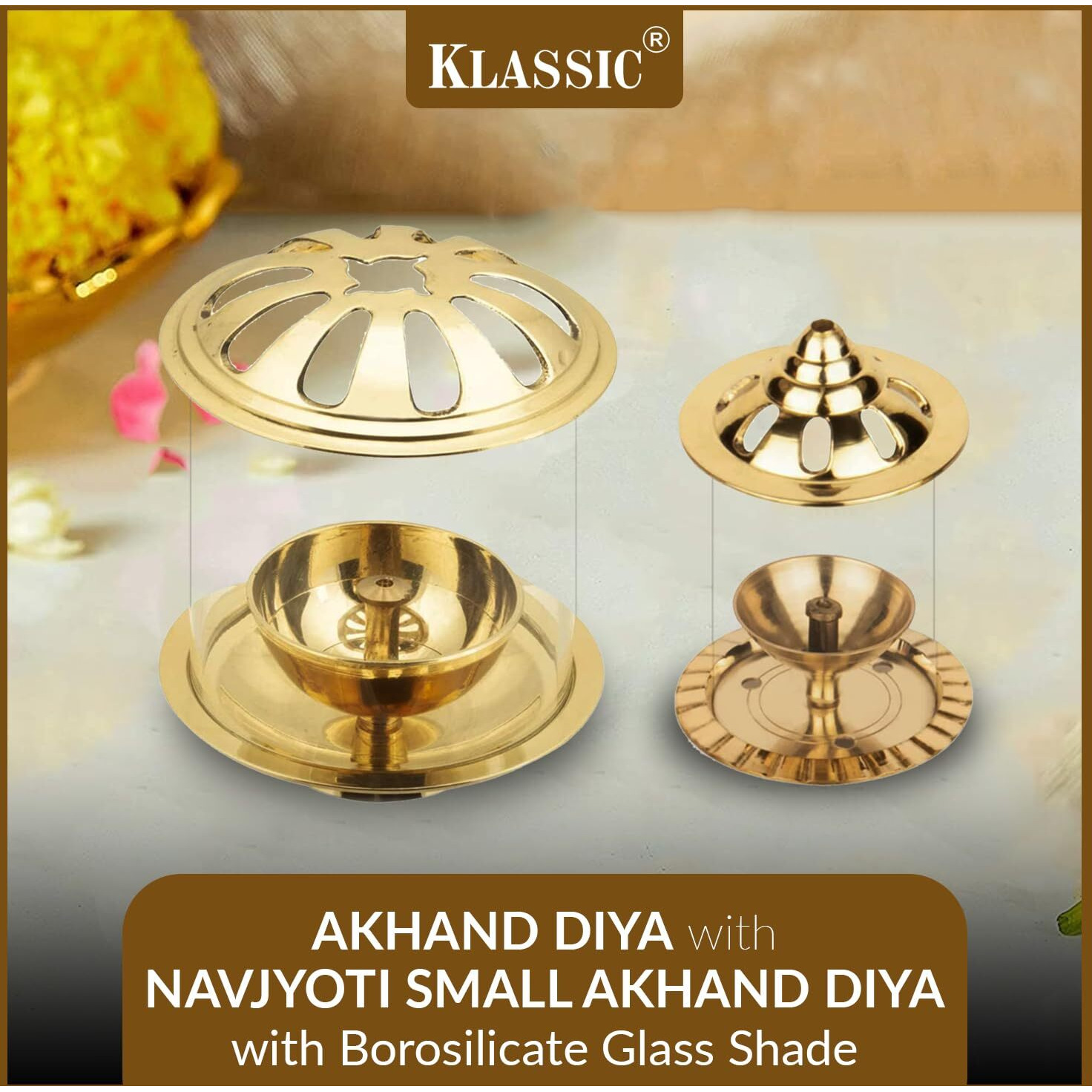 Klassic Combo of Swastik Akhand Diya with Navjyoti Small Akhand Diya with Borosilicate Glass Shade for Mandir with Glass Cover Cylindrical Brass Diya