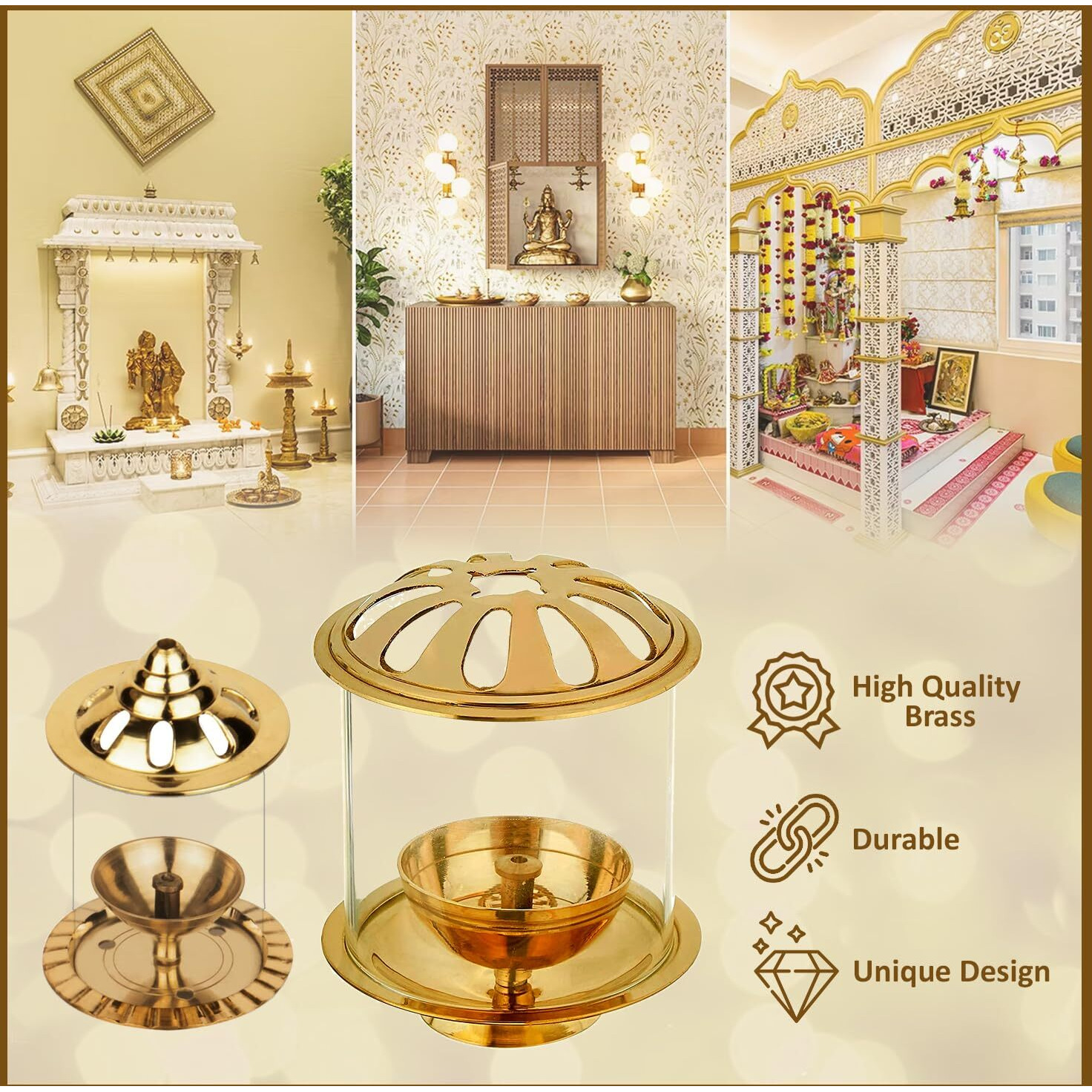 Klassic Combo of Swastik Akhand Diya with Navjyoti Small Akhand Diya with Borosilicate Glass Shade for Mandir with Glass Cover Cylindrical Brass Diya