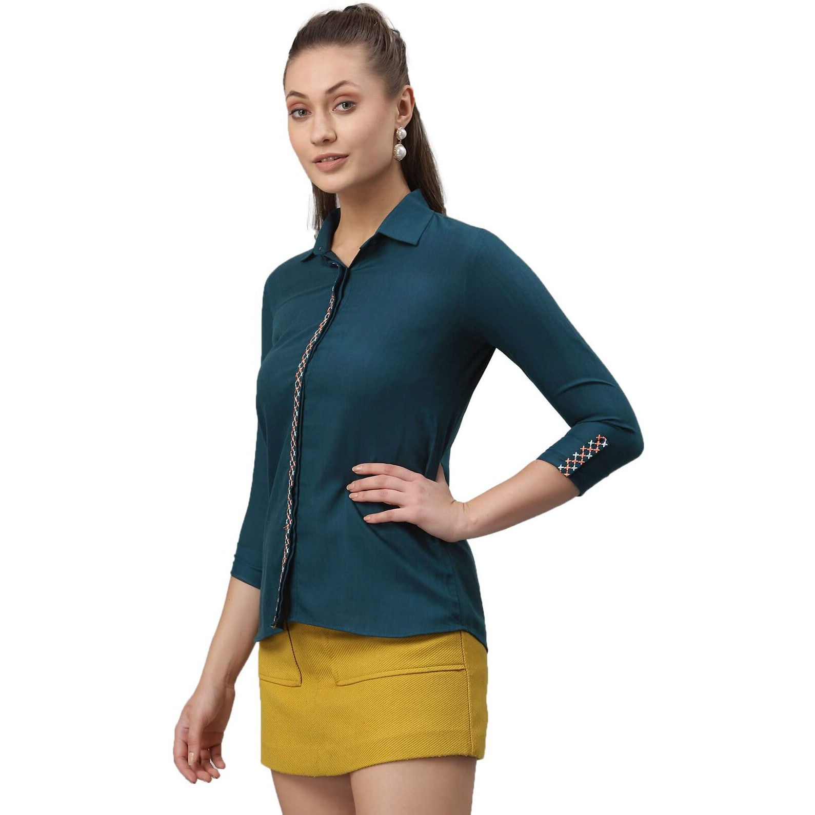 SIRIL Womens Diya Slub Crop Embroidery Plaket Shirt(251TK4061-M_Teal)