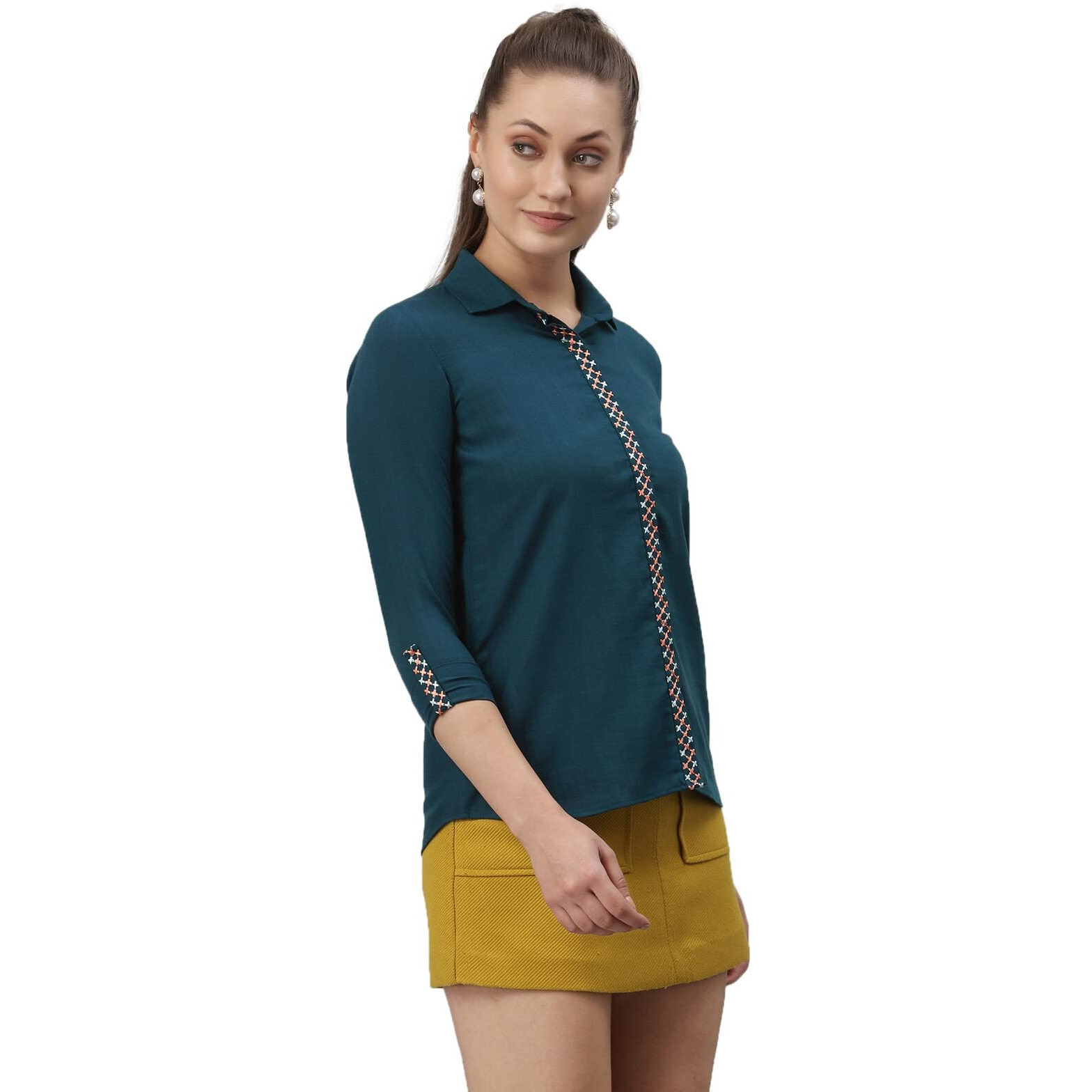 SIRIL Womens Diya Slub Crop Embroidery Plaket Shirt(251TK4061-M_Teal)