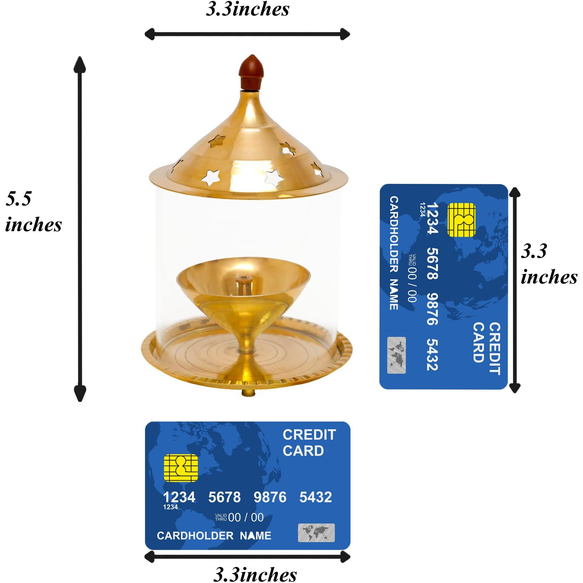 EIN SOF 5 inches Medium Gold Brass Akhand Diya with Borosilicate Glass Cover for Puja Aarti & Home Decoration - Oil & Camphor Lamp , Glass Tealight Candle Holder - Gold & White