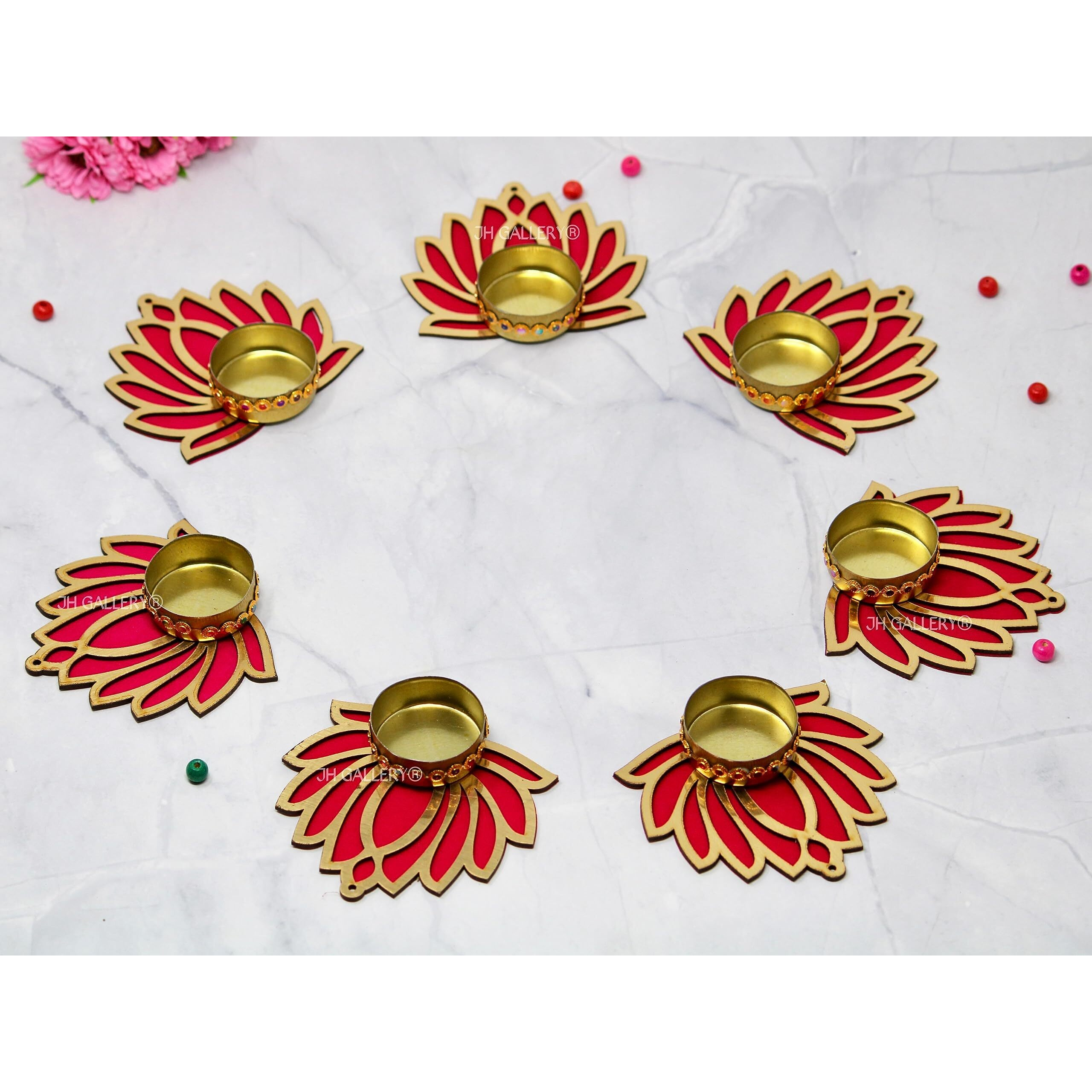 JH Gallery Handcrafted Lotus Tealight Candle Holder|Lotus Reusable Rangoli For Floor|Tealight Candle Holder|Home Decoration Item For Diwali|Lotus Diya For Pooja-Pack Of 7, WoodIron,Gold