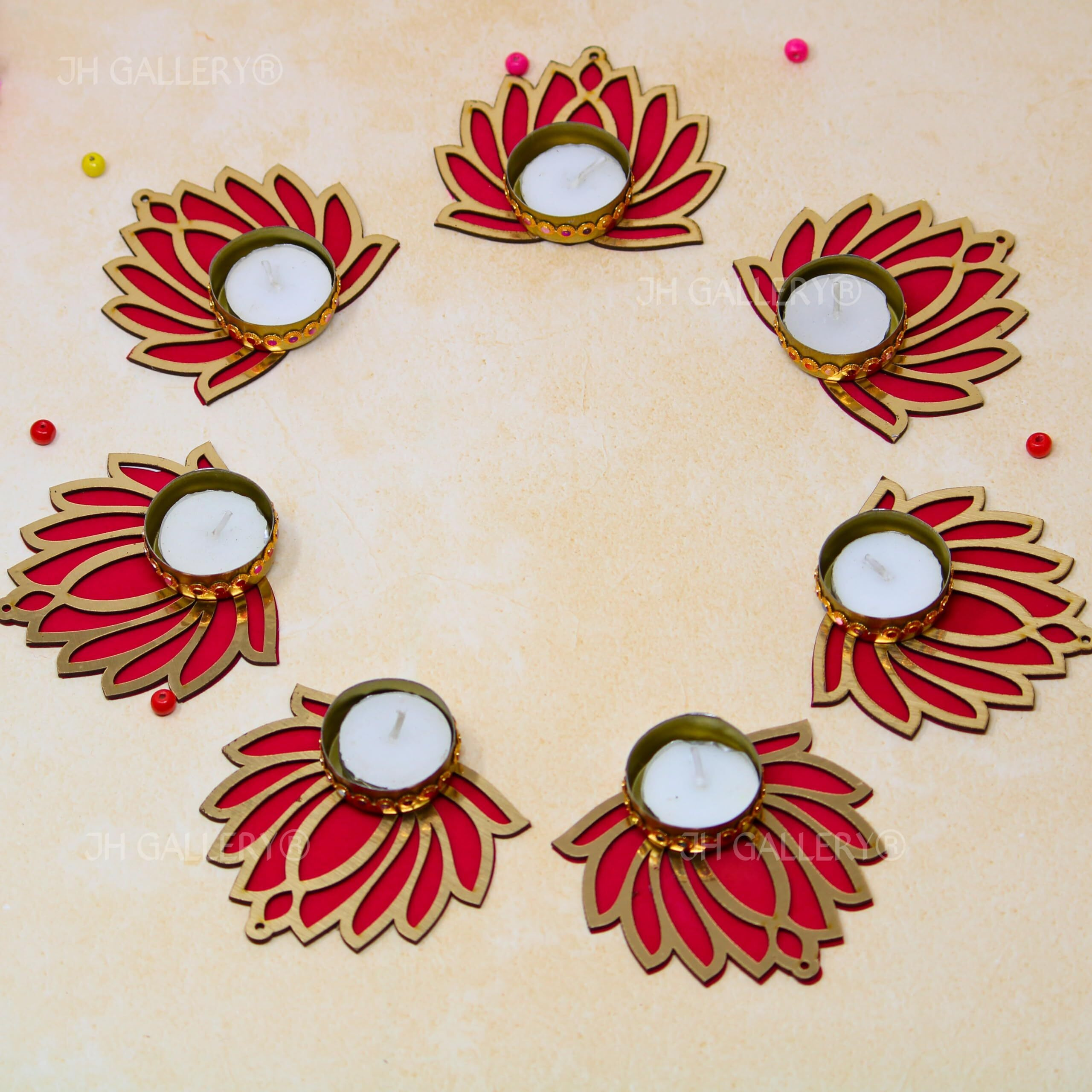JH Gallery Handcrafted Lotus Tealight Candle Holder|Lotus Reusable Rangoli For Floor|Tealight Candle Holder|Home Decoration Item For Diwali|Lotus Diya For Pooja-Pack Of 7, WoodIron,Gold
