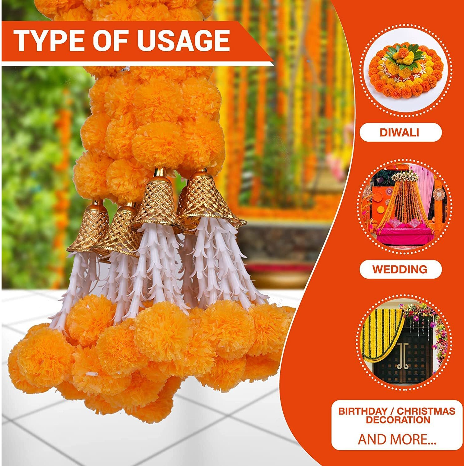 HOME BUY Artificial Orange Flowers For Decoration Garland With Bell For Diwali & Festivals Christmas, Navratri, Holi,Janmashtami | 5 Feet Long 5 Pcs With 1 Diya (Orange), 5 Centimeters