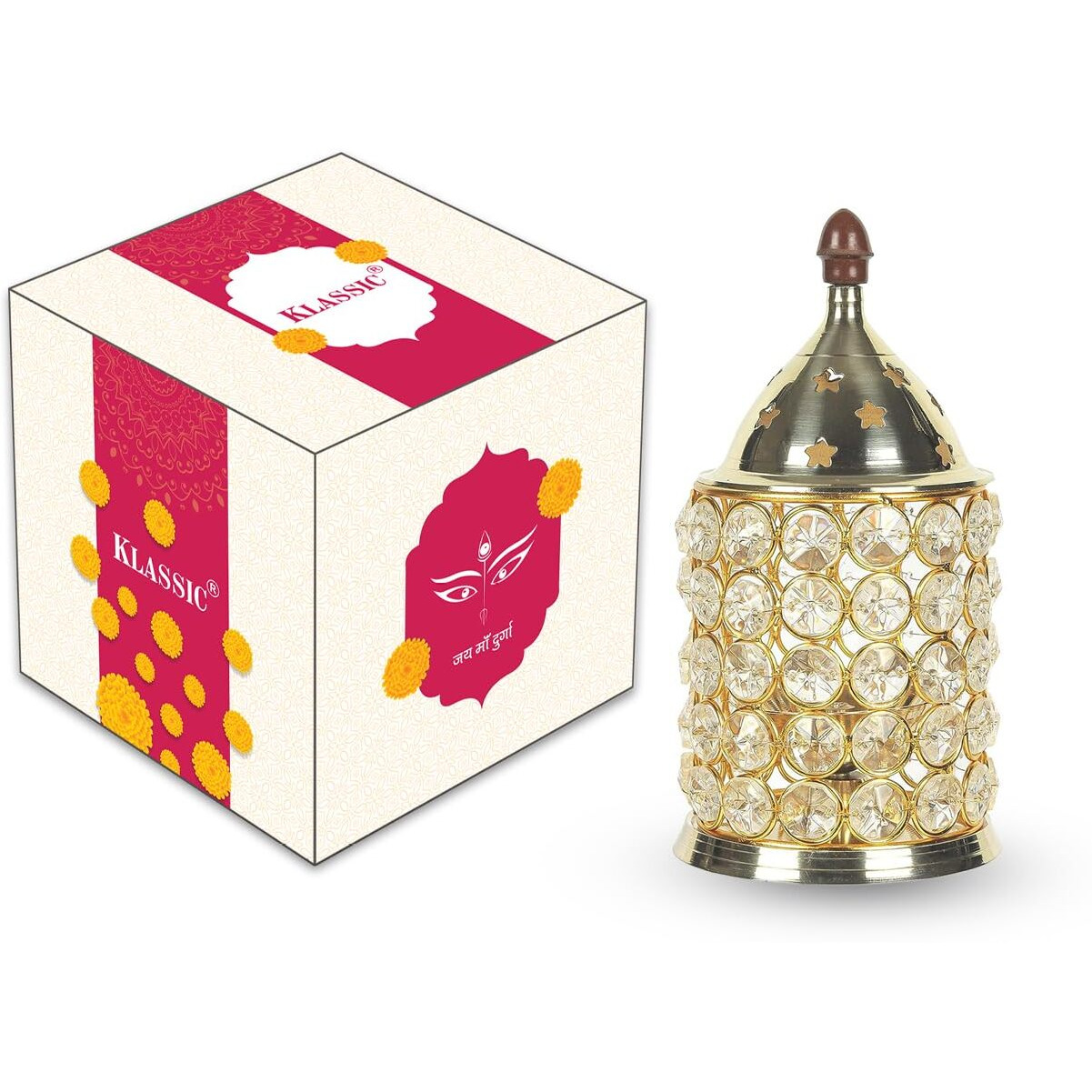 Klassic Decor Brass and Crystal Horizontal Shape Akhand Diya/Table Deepak/Oil Lamp with Plastic knob, Large Size ( Pack of 1, Golden )