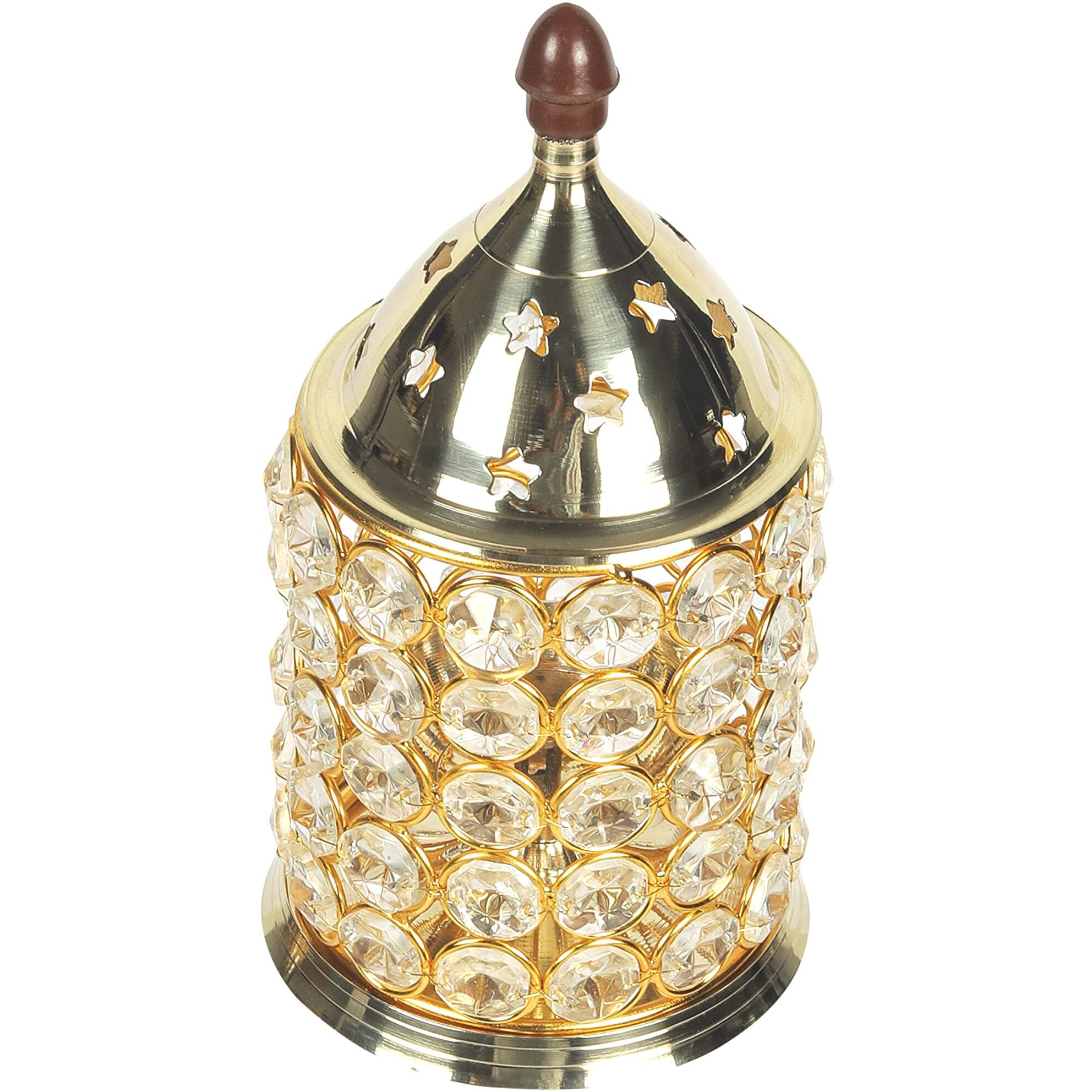 Klassic Decor Brass and Crystal Horizontal Shape Akhand Diya/Table Deepak/Oil Lamp with Plastic knob, Large Size ( Pack of 1, Golden )
