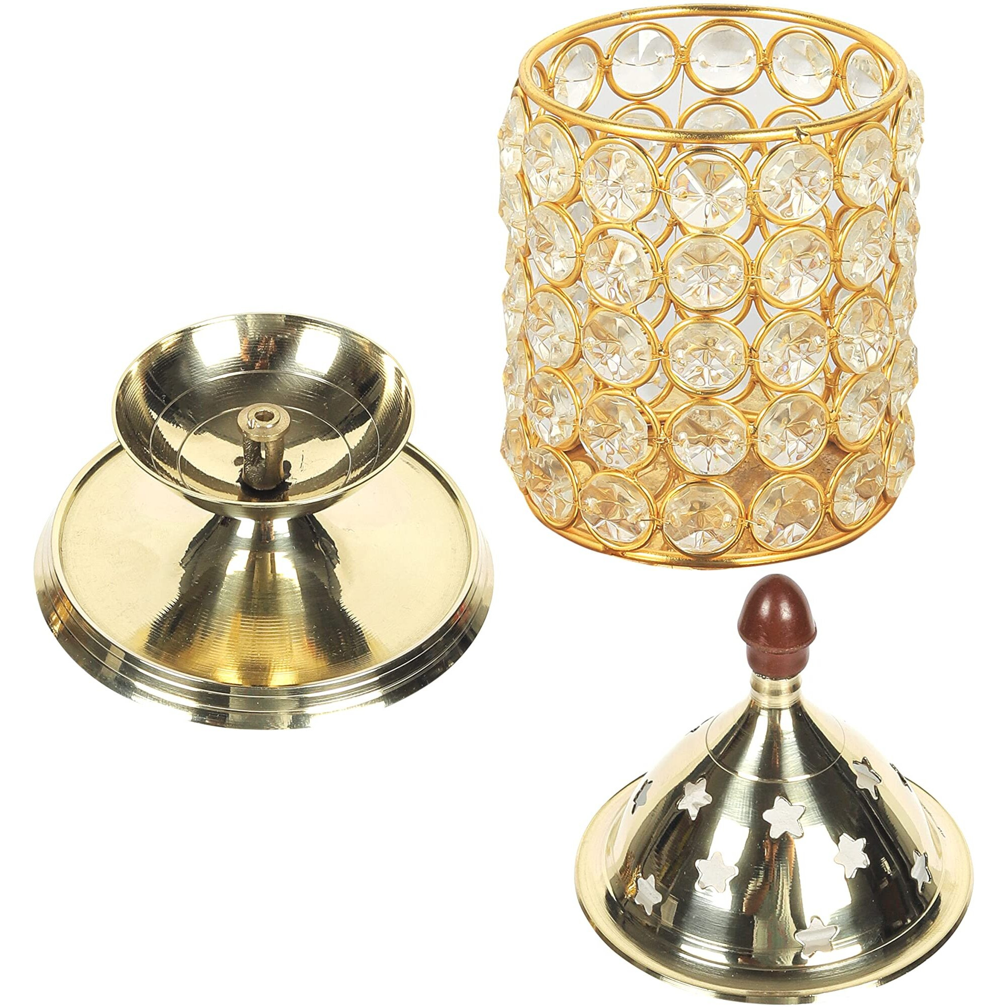 Klassic Decor Brass and Crystal Horizontal Shape Akhand Diya/Table Deepak/Oil Lamp with Plastic knob, Large Size ( Pack of 1, Golden )