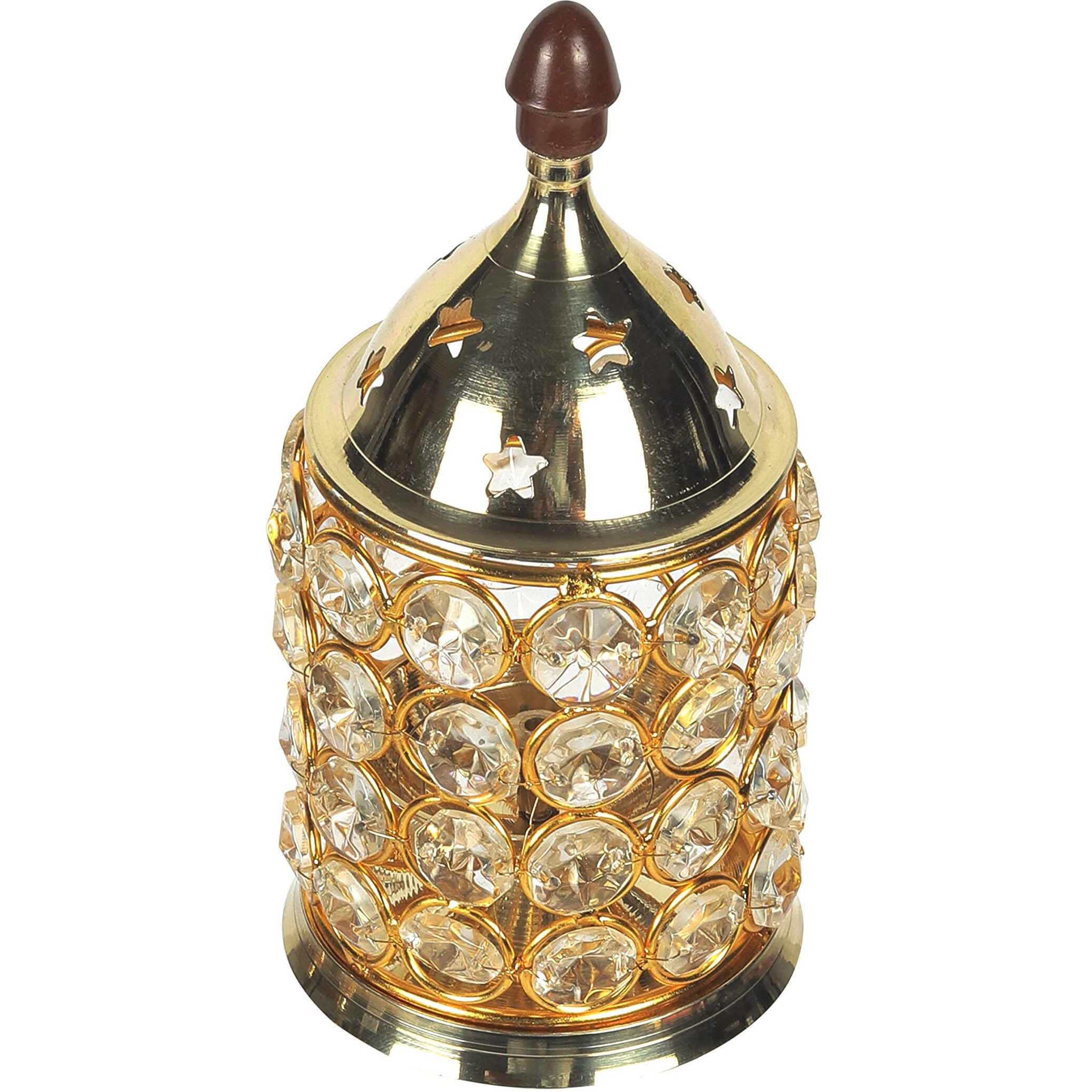 Klassic Decor Brass and Crystal Horizontal Shape Akhand Diya/Table Deepak/Oil Lamp with Plastic knob, Medium Size ( Pack of 1, Golden )