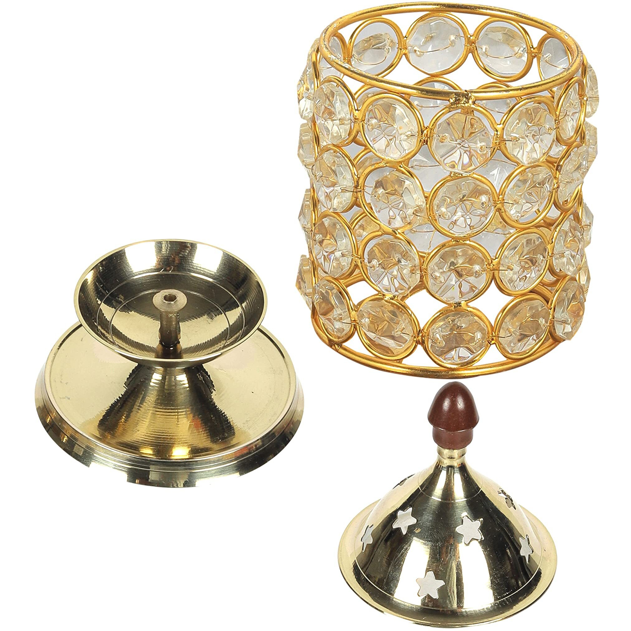 Klassic Decor Brass and Crystal Horizontal Shape Akhand Diya/Table Deepak/Oil Lamp with Plastic knob, Medium Size ( Pack of 1, Golden )