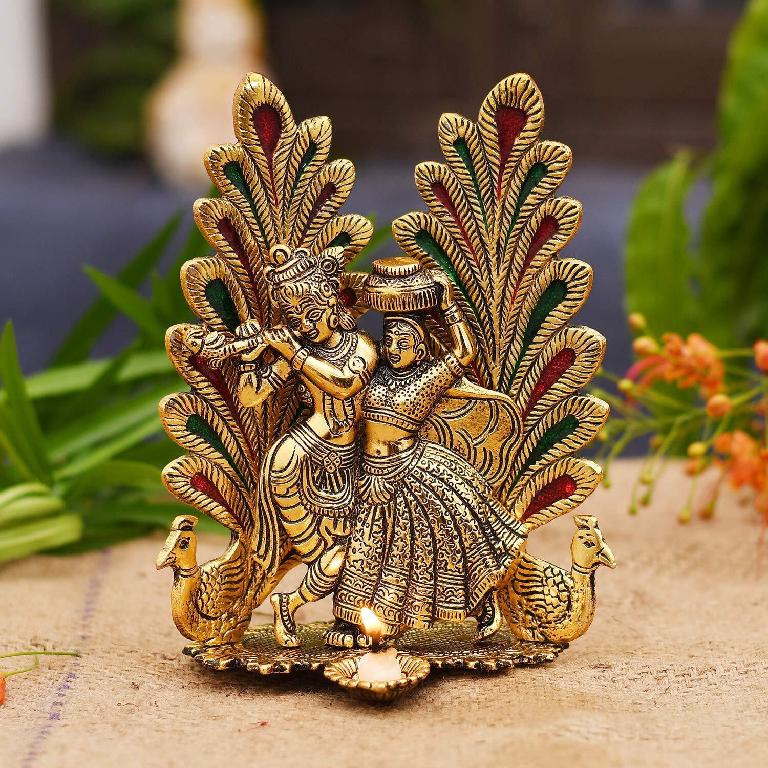 Collectible India Peacock Design Radha Krishna Idol Showpiece with Diya for Puja and Home Decor (8 x 6 Inches), Metal, Gold (25 Piece)