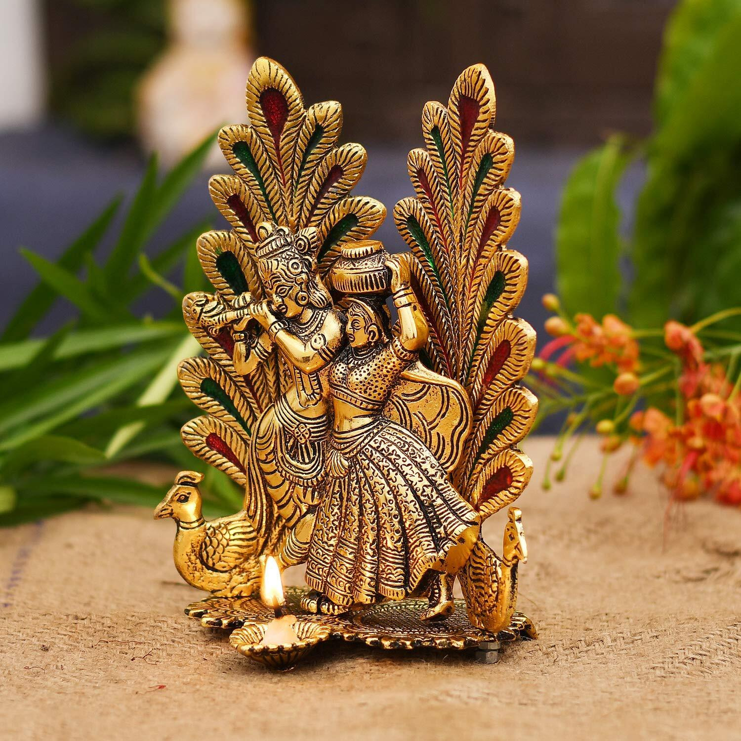 Collectible India Peacock Design Radha Krishna Idol Showpiece with Diya for Puja and Home Decor (8 x 6 Inches), Metal, Gold (25 Piece)