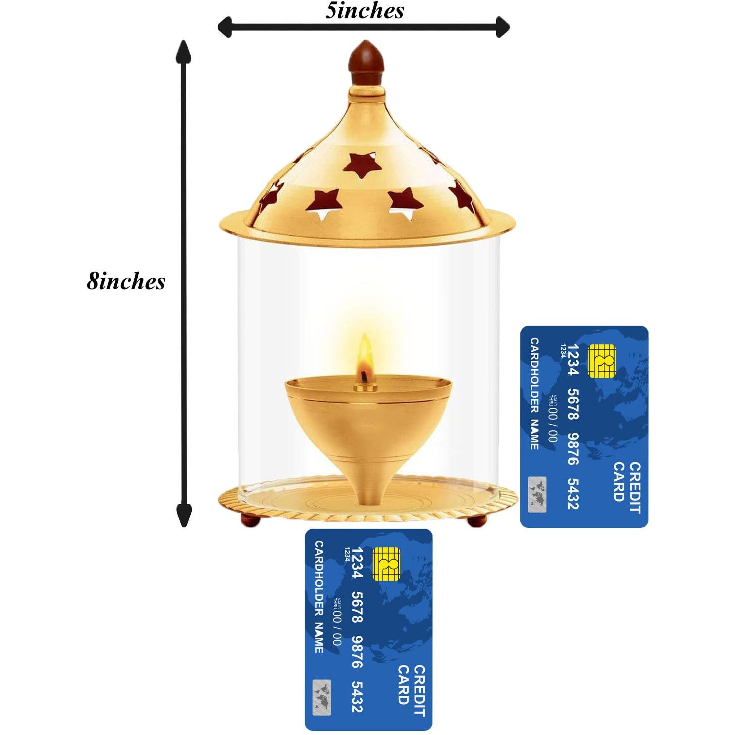 CASA ILLUMINATE Big Size Brass Akhand Diya for Puja with Glass Cover - 8 inches Large Pooja Jyoti Diyas , Decorative Camphor & Oil Wick Holder (Gold & White)