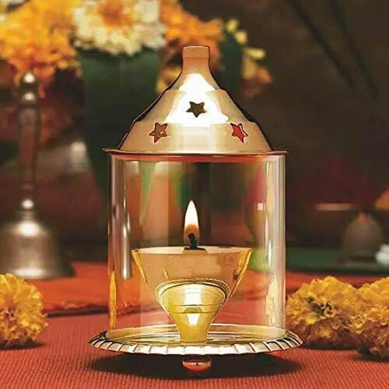CASA ILLUMINATE Diya with Glass Cover - 6 inches Brass Akhand Diya for Puja, Glass Lamp for Diya, Covered Diya for Home Decoration, Lamp Pooja Diya, Akhand Jyoti Diya, Borosilicate Glass, Oil Lantern