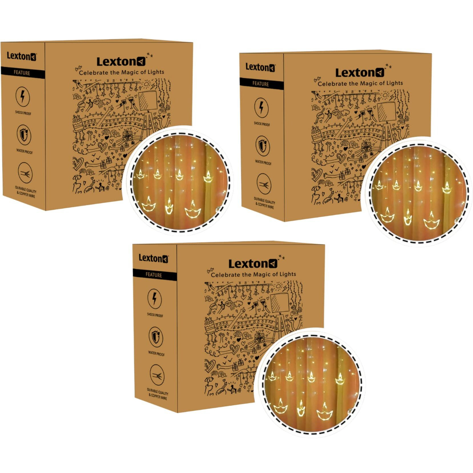 Lexton Diya Curtain String Lights 6 Big Diya and 6 Small Diya with 8 Flashing Modes- Decoration for Home (Warm White, Pack of 3), Standard