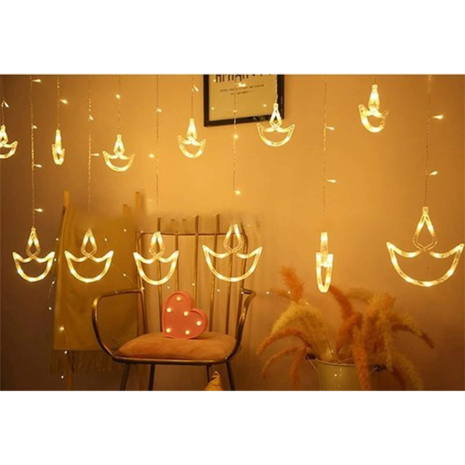 Lexton Diya Curtain String Lights 6 Big Diya and 6 Small Diya with 8 Flashing Modes- Decoration for Home (Warm White, Pack of 3), Standard