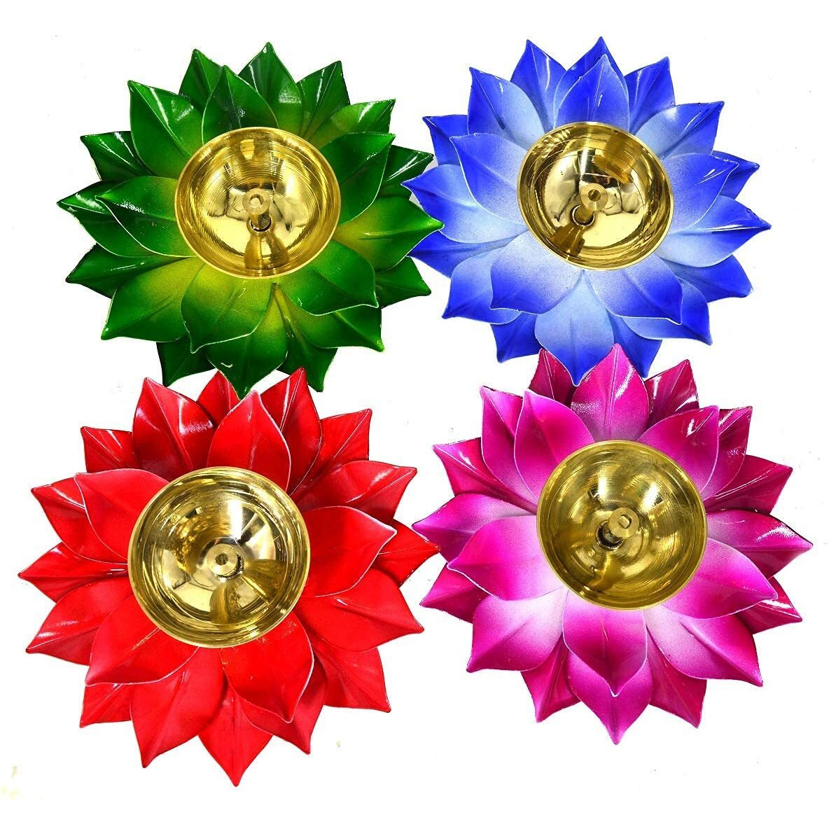 EIN SOF Brass Diyas for Puja  Lotus Lamps for Home & Diwali Decoration , Akhand Jyoti Stand with Gift Cover , 5 inches Kamal Design Pooja Oil & Camphor Diya , Blue Orange Pink & Yellow , Pack of 4