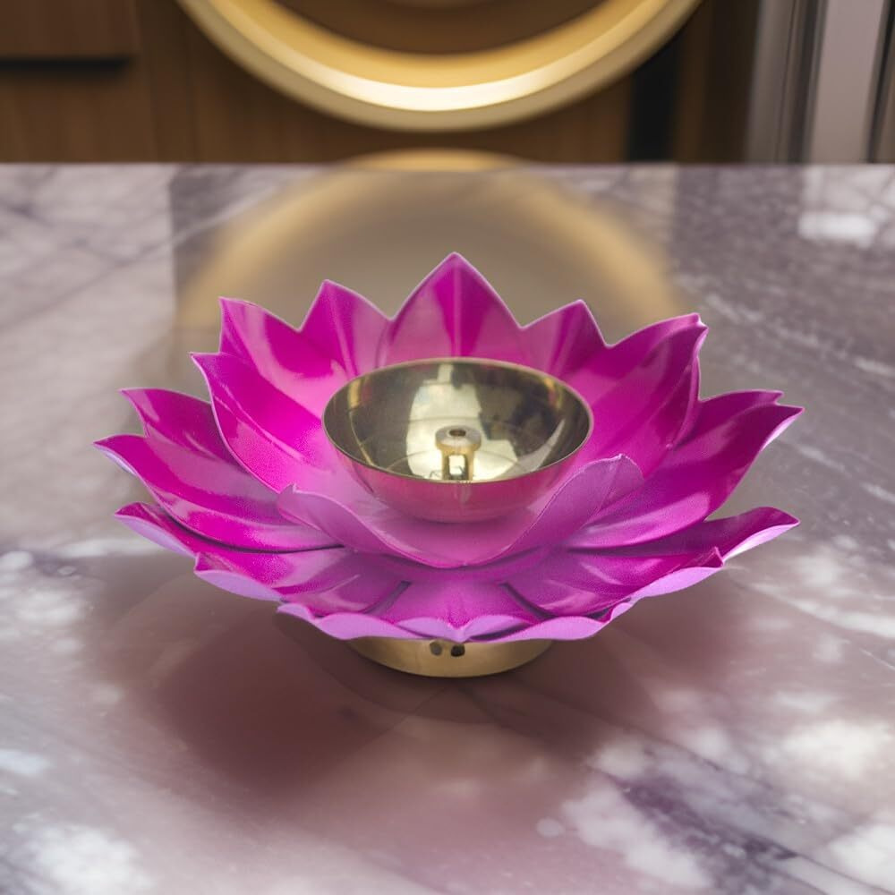EIN SOF Brass Diyas for Puja  Lotus Lamps for Home & Diwali Decoration , Akhand Jyoti Stand with Gift Cover , 5 inches Kamal Design Pooja Oil & Camphor Diya , Blue Orange Pink & Yellow , Pack of 4