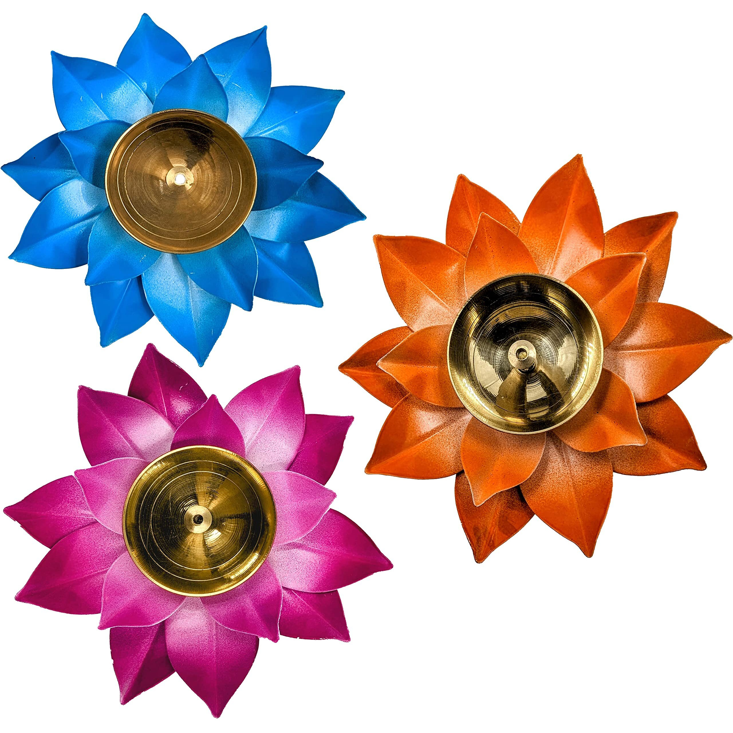 EIN SOF Kamal Shaped Brass Diyas for Puja  Lotus Lamps for Home & Diwali Decoration , Akhand Jyoti Stand with Gift Cover , 5 inches Pooja Oil & Camphor Diya , Assorted Colors