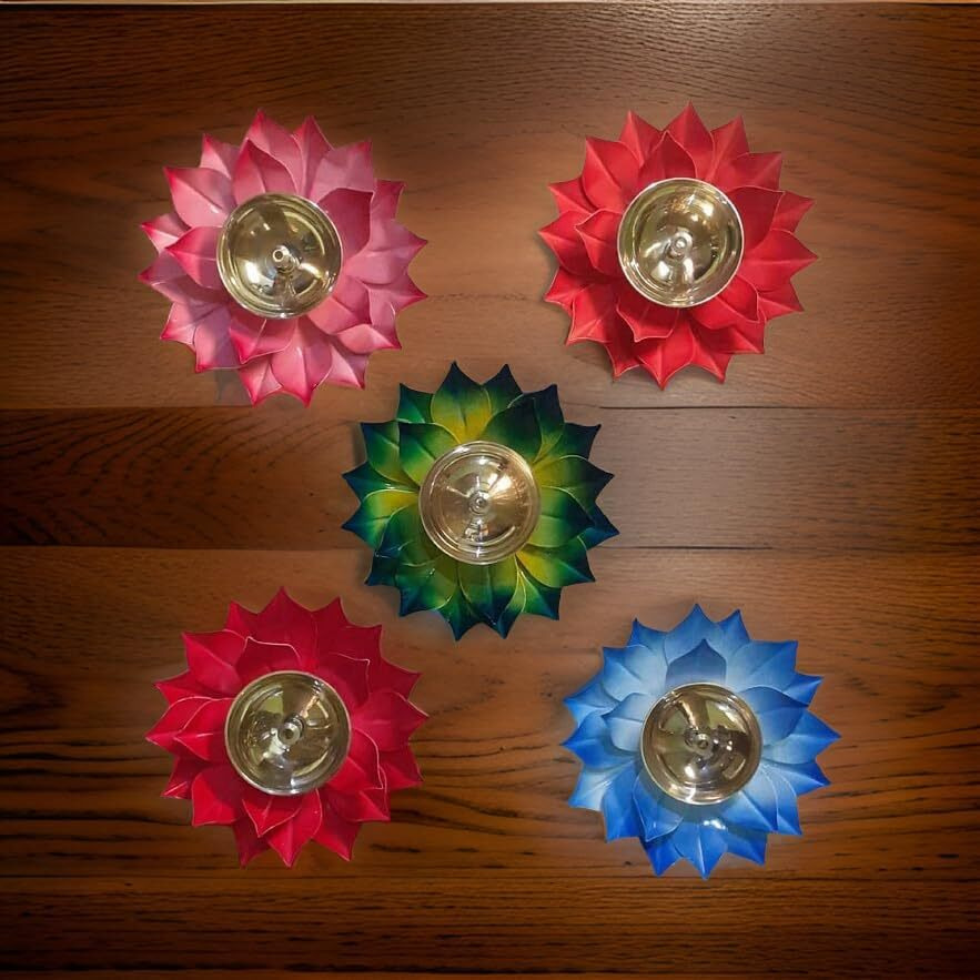 EIN SOF Kamal Shaped Brass Diyas for Puja  Lotus Lamps for Home & Diwali Decoration , Akhand Jyoti Stand with Gift Cover , 5 inches Pooja Oil & Camphor Diya , Assorted Colors