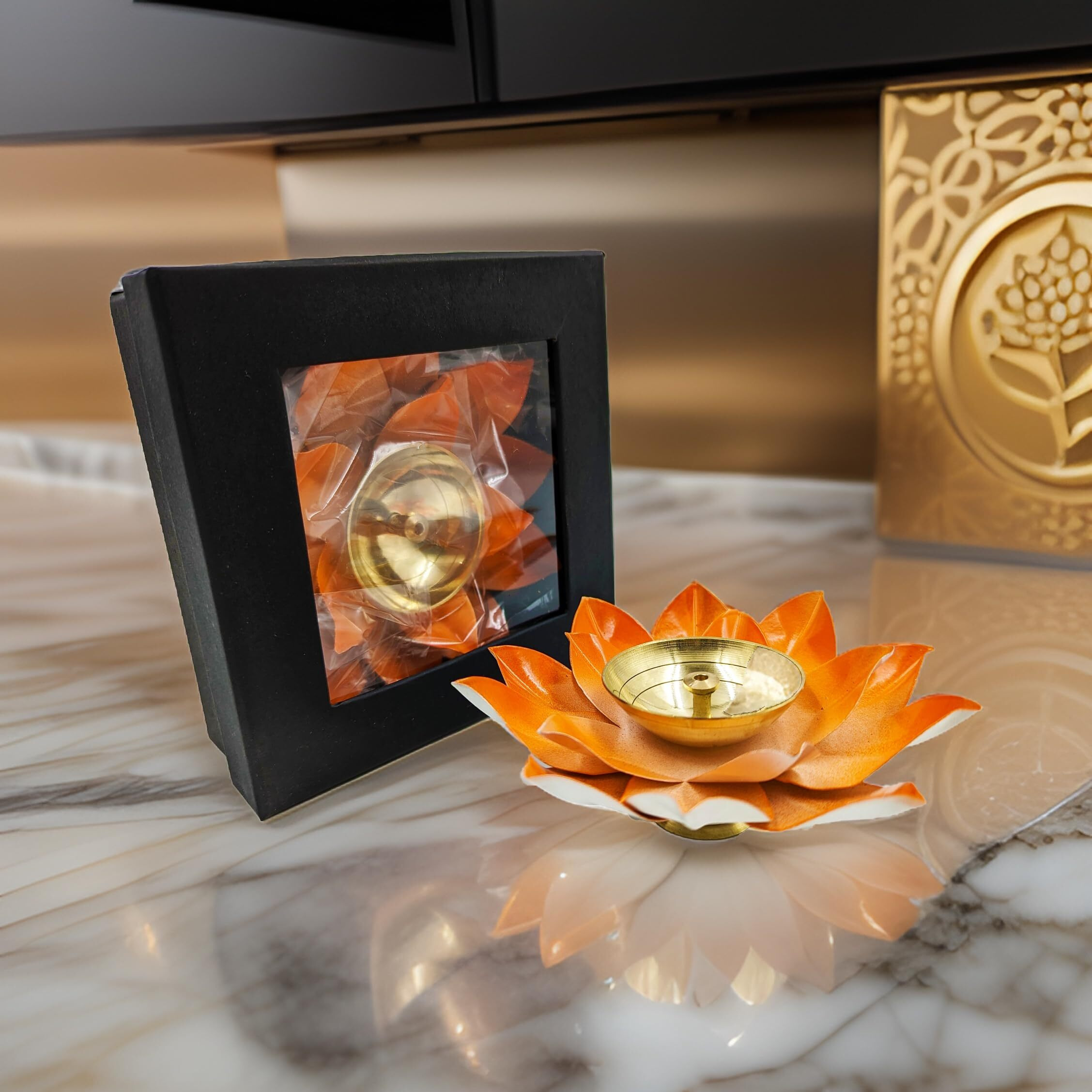 EIN SOF Brass Lotus Diyas for Home Decoration  5 inches Medium Size Puja Akhand Diya, Decorative Diwali & Christmas Festival Item with Gift Box, Orange Flower