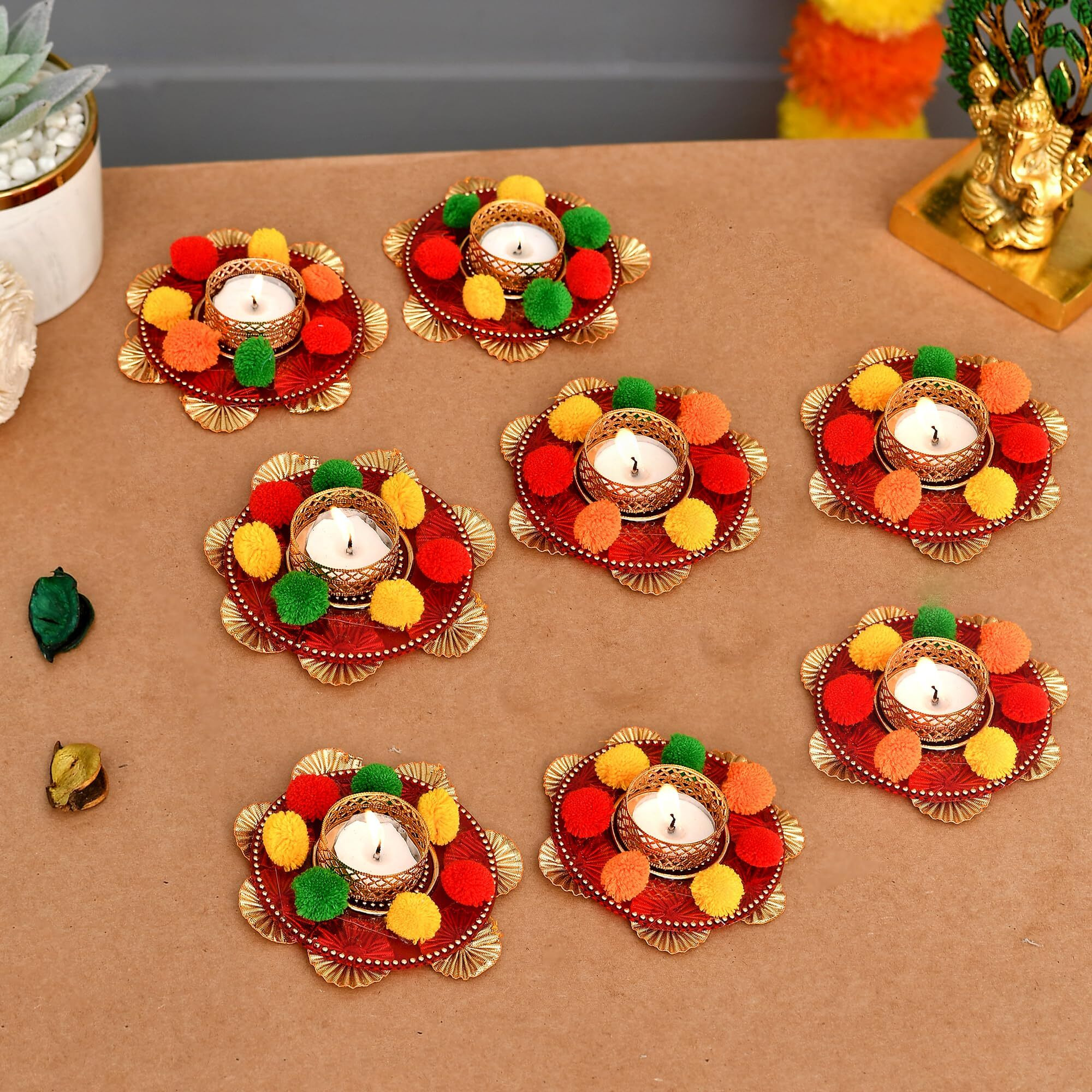 Collectible India Cast Iron Flower Diya Tealight Candle Holder, Pack of 8