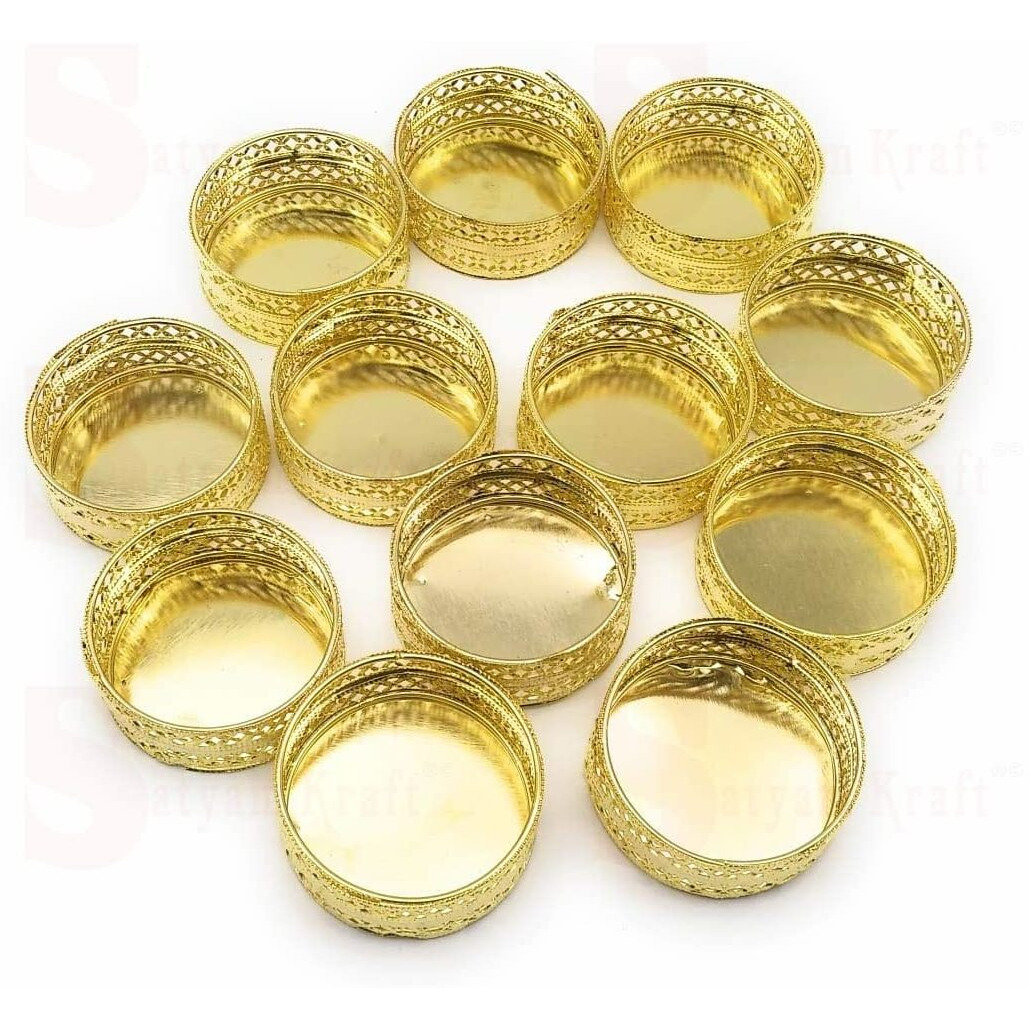 Satyam Kraft 12 Pcs Tealight Candle Holder Stands Round For Pooja Thali Decoration Candle Stand Diya Stand For All Festive Pooja,Anniversary Decoration Item (Pack Of 12, Golden) - Metal